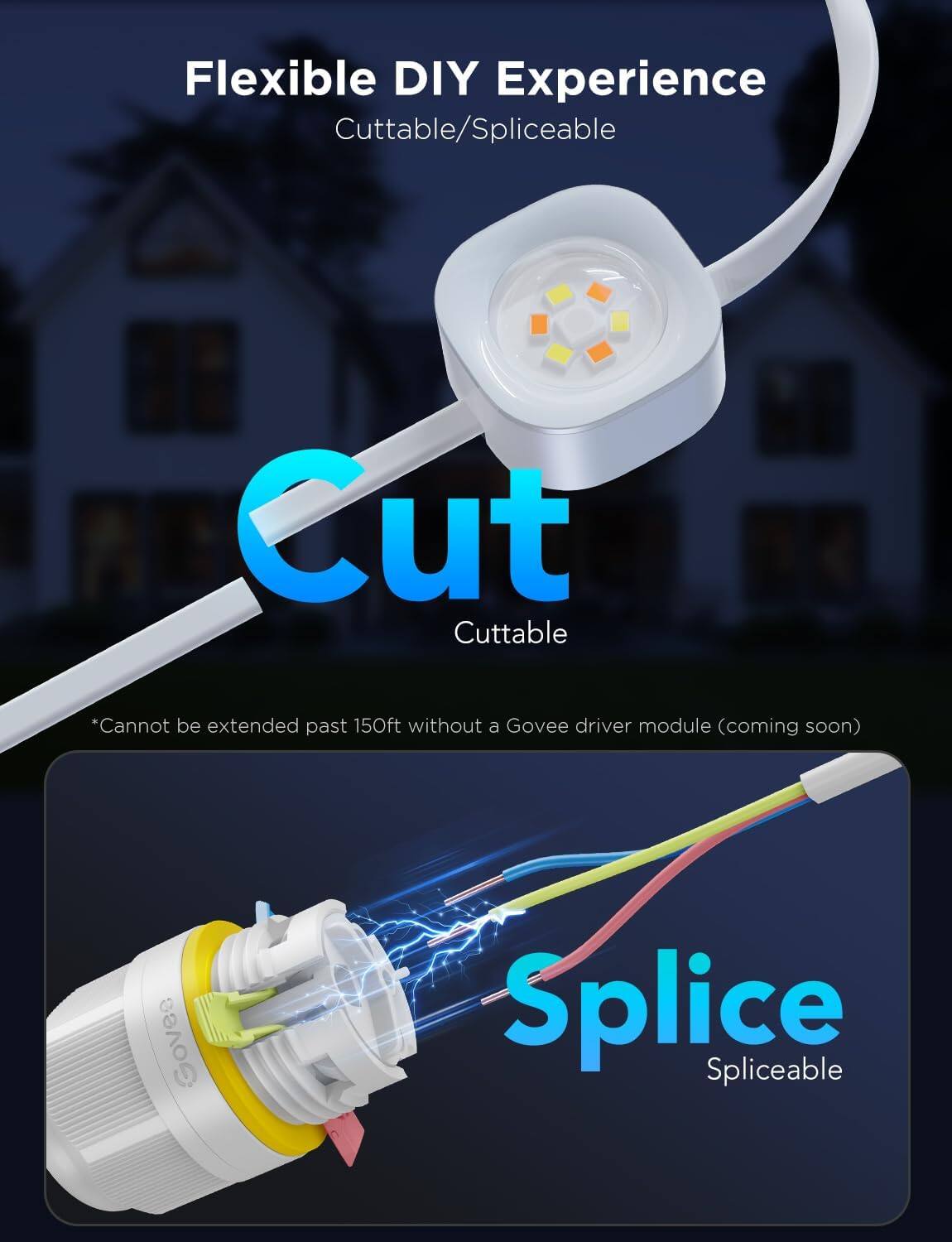 Flexible DIY Experience  
Cutttable/Spliceable  

Cut  
Cutttable  

*Cannot be extended past 150ft without a Govee driver module (coming soon)  

Splice  
Spliceable