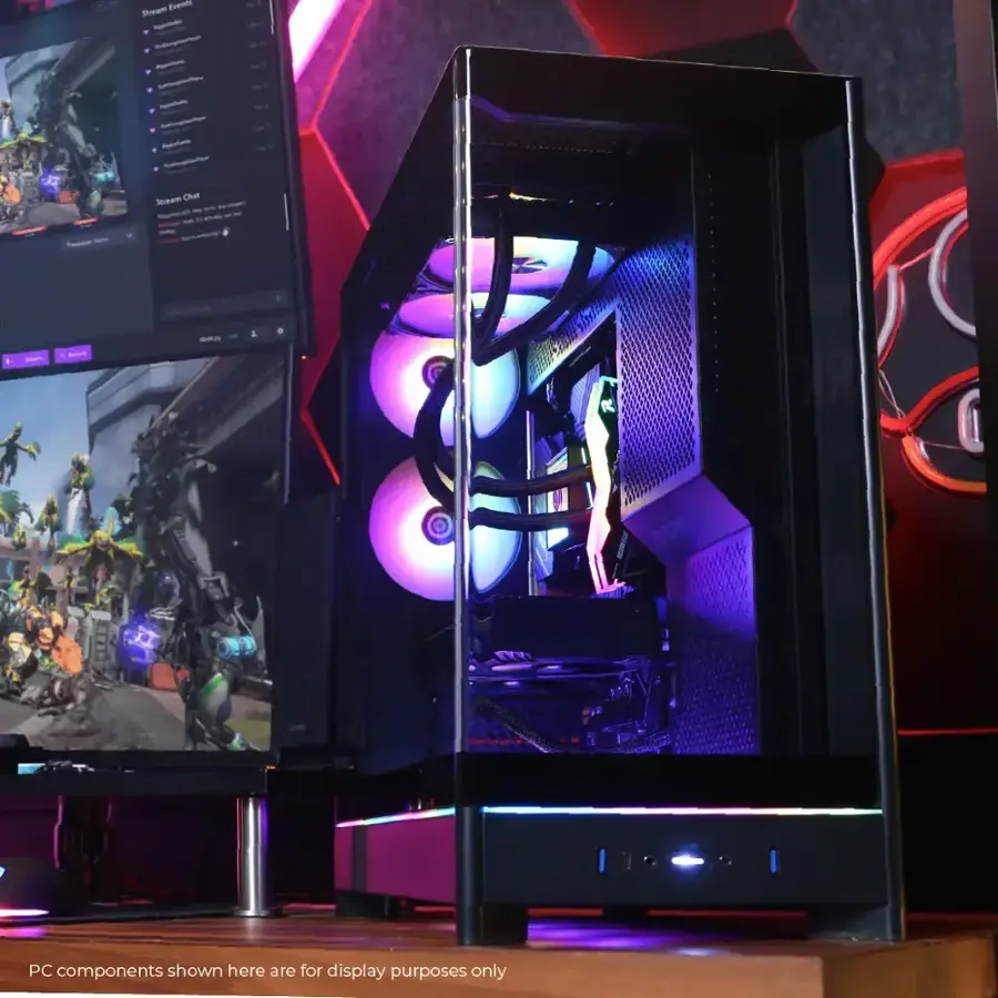 The text on the image reads: "Stream Evevets - Stream Chat - PC components shown here are for display purposes only."