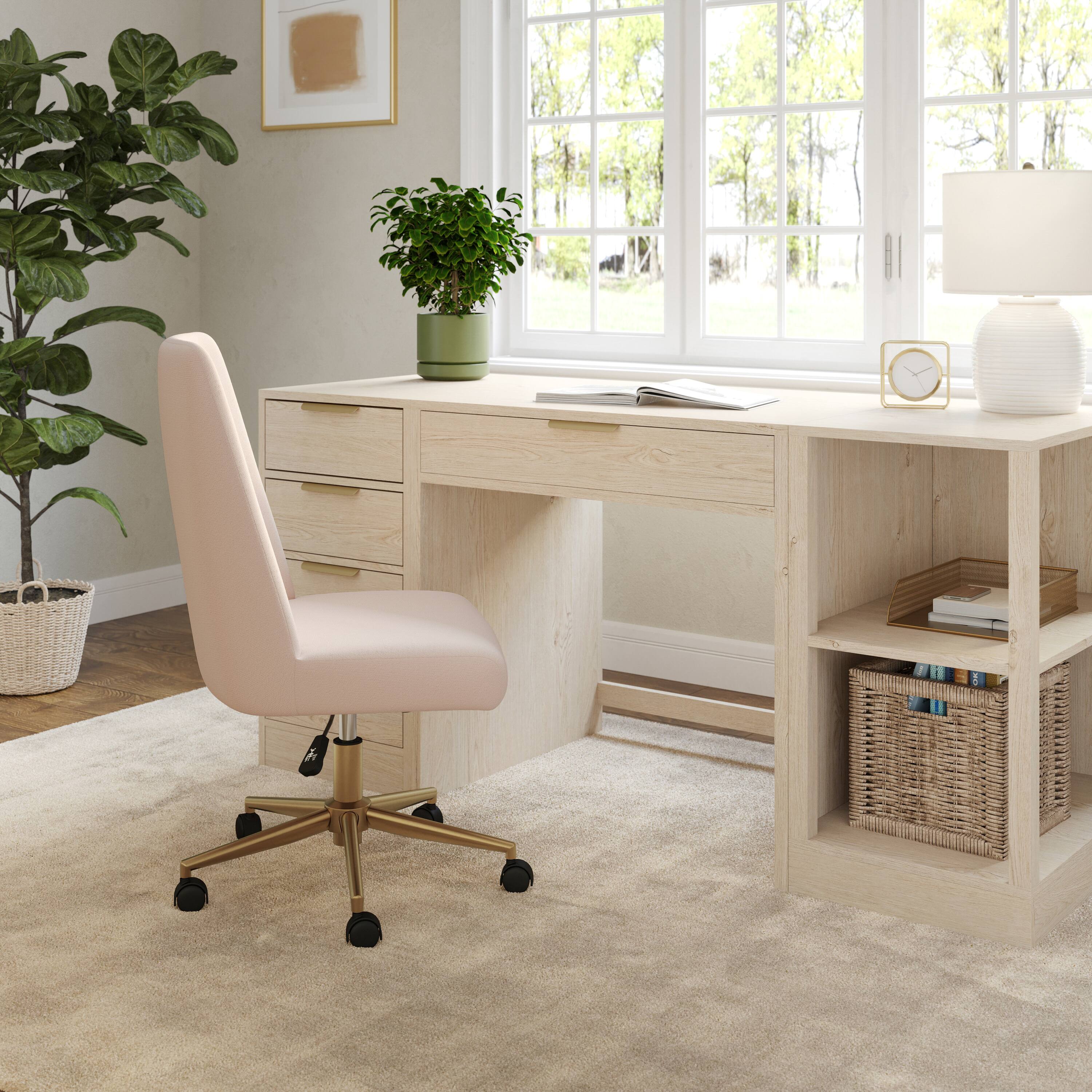 Alt View 4. Martha Stewart - Maeve Upholstered Height Adjustable Swivel Home Office Chair - Conch Shell Fabric/Polished Brass Frame.