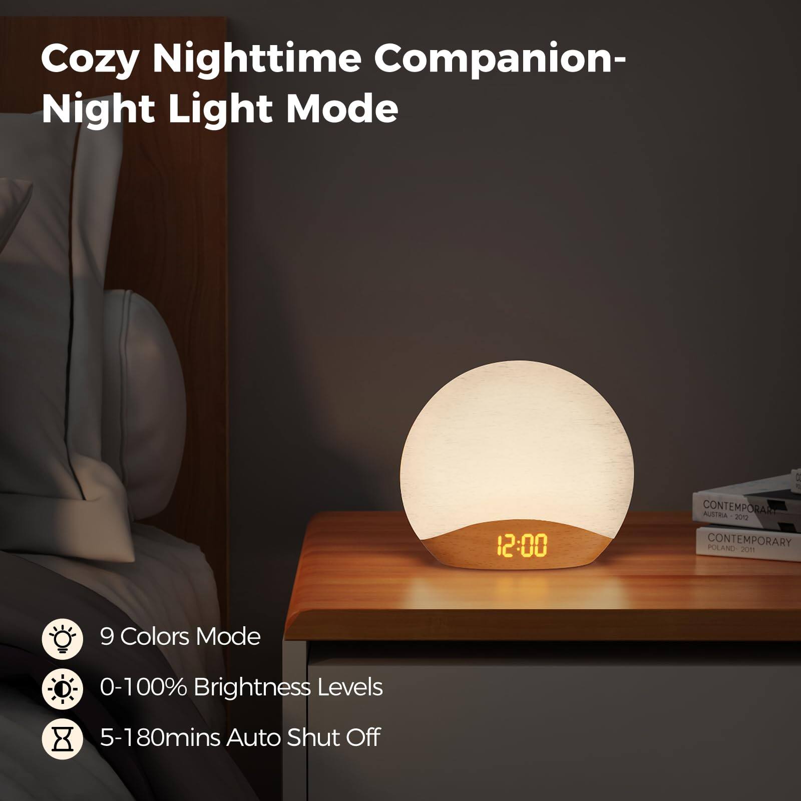 Cozy Nighttime Companion- Night Light Mode

- 9 Colors Mode
- 0-100% Brightness Levels
- 5-180mins Auto Shut Off