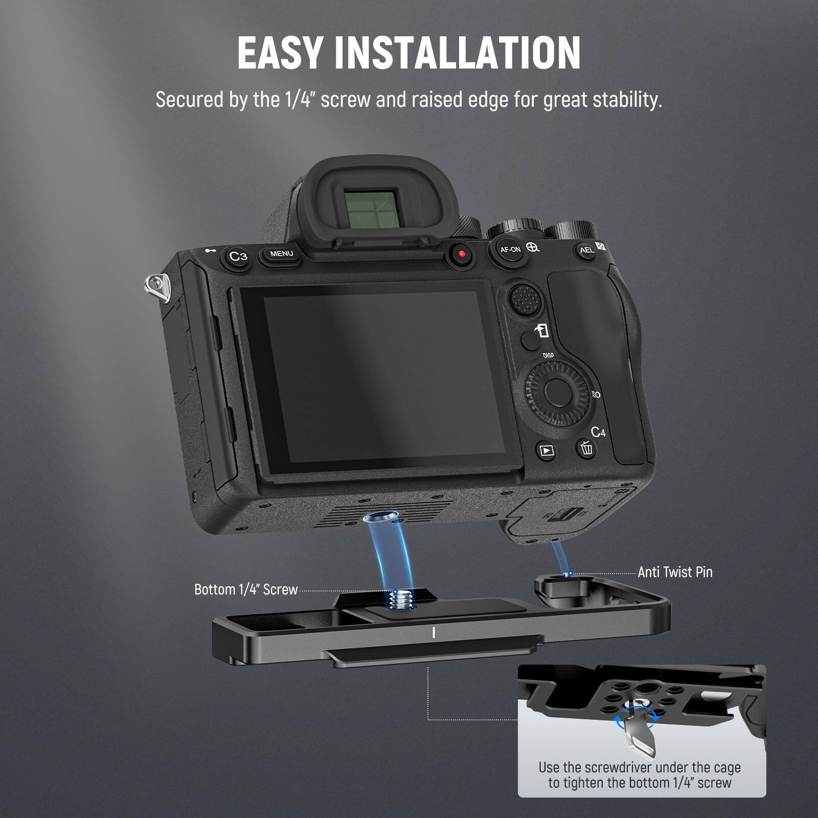 EASY INSTALLATION  
Secured by the 1/4" screw and raised edge for great stability.  

C3 MENU APCN t ND THB of MI  
Bottom 1/4" Screw  
Anti Twist Pin  

Use the screwdriver under the cage to tighten the bottom 1/4" screw