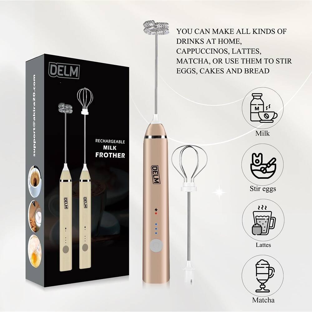 support@akira20.com

DELM RECHARGEABLE MILK FROTHER

YOU CAN MAKE ALL KINDS OF DRINKS AT HOME, CAPPUCCINOS, LATTES, MATCHA, OR USE THEM TO STIR EGGS, CAKES AND BREAD

- Milk
- Stir eggs
- Lattes
- Matcha