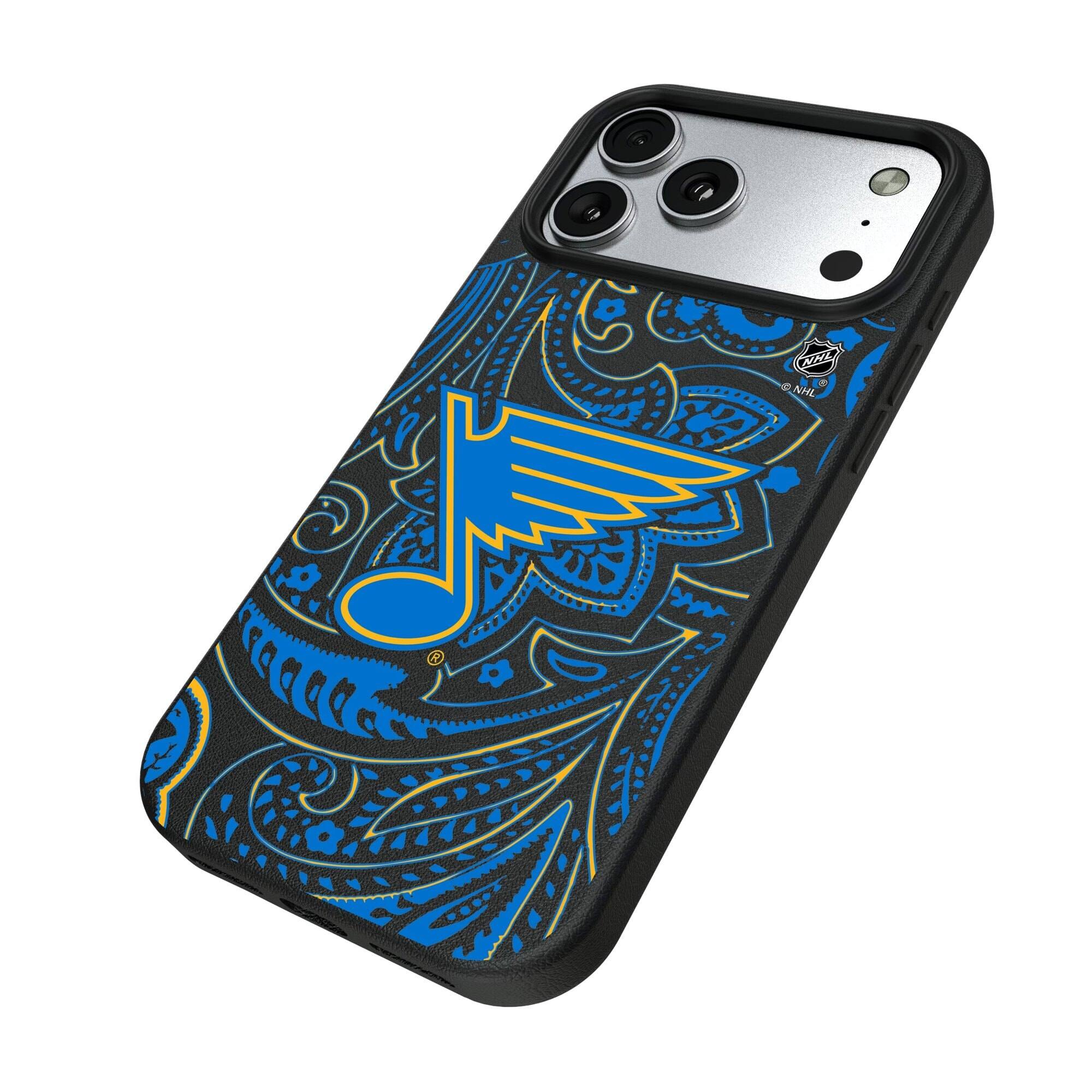 Alt View 1. Keyscaper - Black St. Louis Blues Paisley iPhone Magnetic Bump Case - 15 Pro Max - Black.