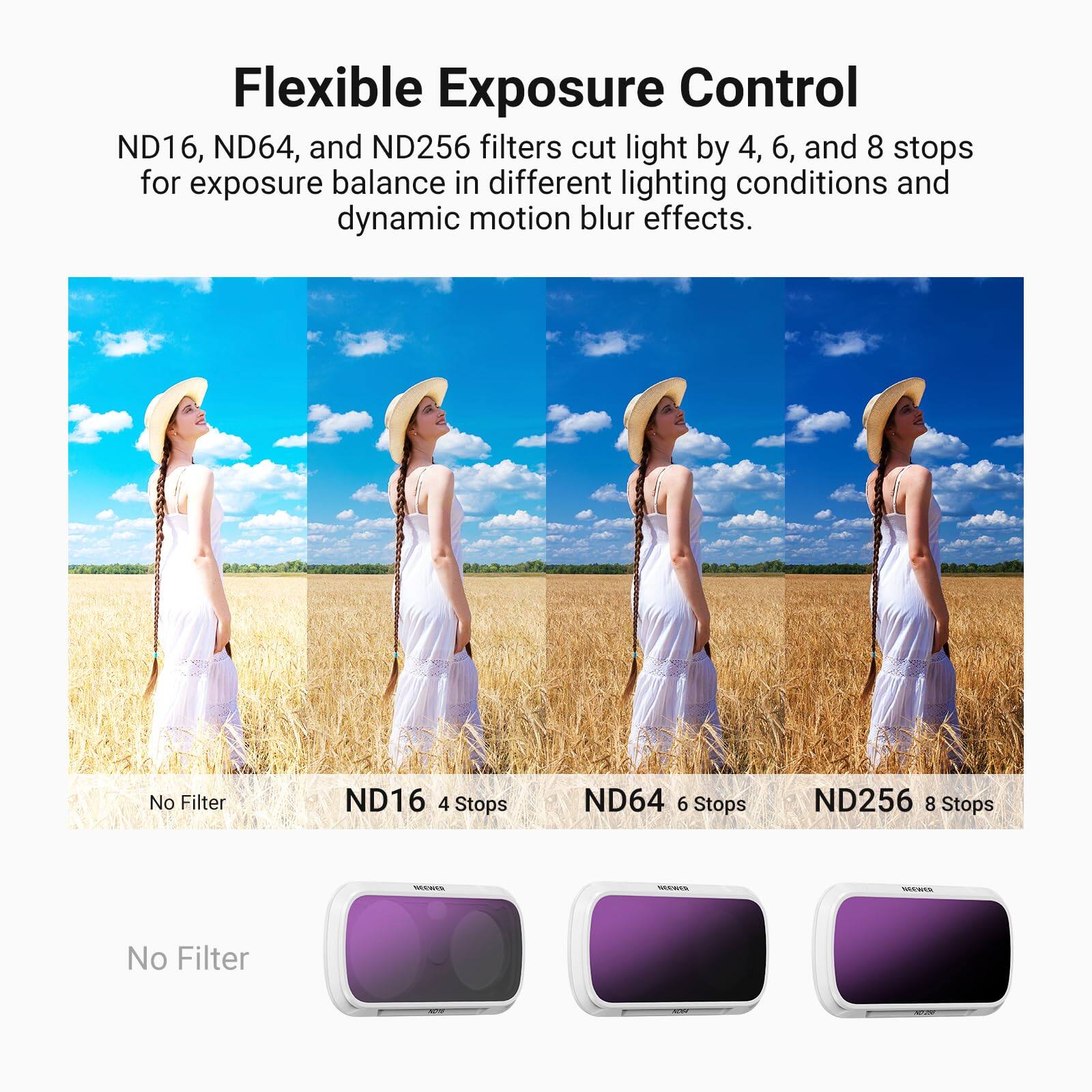 Flexible Exposure Control

ND16, ND64, and ND256 filters cut light by 4, 6, and 8 stops for exposure balance in different lighting conditions and dynamic motion blur effects.

No Filter
ND16 4 Stops
ND64 6 Stops
ND256 8 Stops