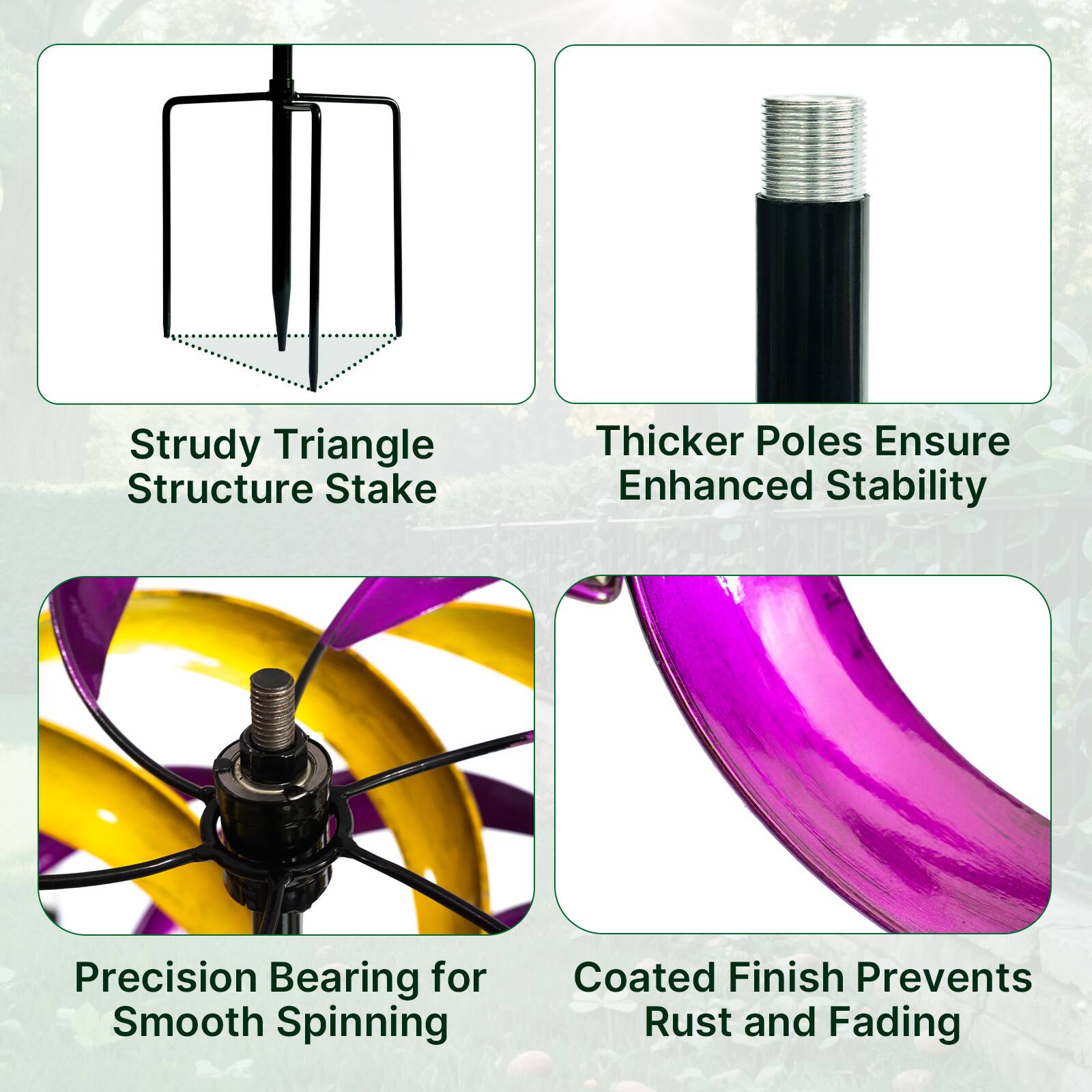 Sure, here is the corrected and grouped text:

1. **Strudy Triangle Structure Stake**
2. **Thicker Poles Ensure Enhanced Stability**
3. **Precision Bearing for Smooth Spinning**
4. **Coated Finish Prevents Rust and Fading**