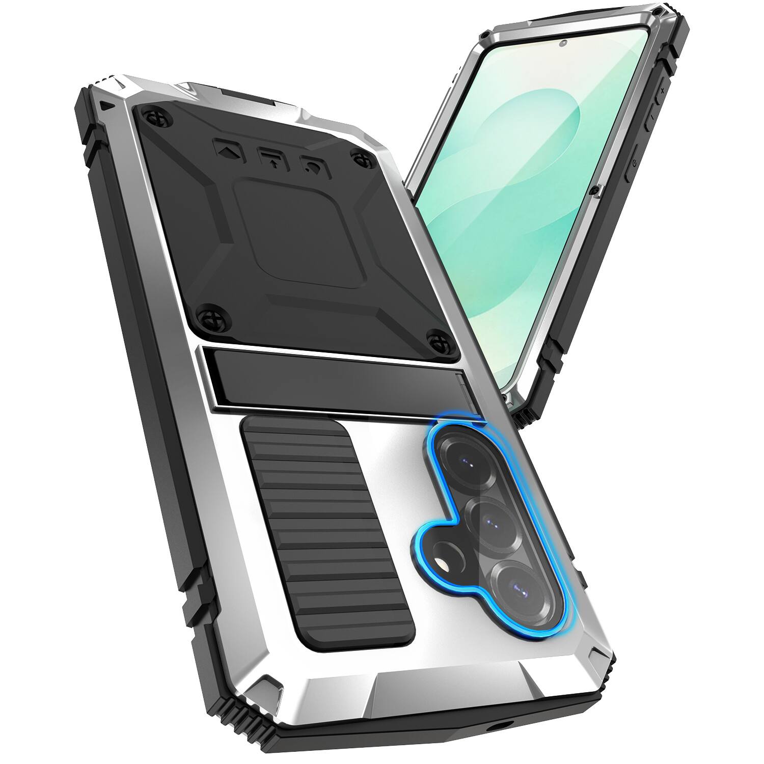 Angle. Dteck - For Samsung Galaxy S26 Case Outdoor Sports Kickstand Rugged Heavy Duty Full Body Cover with Built in Screen Protector - Silver.