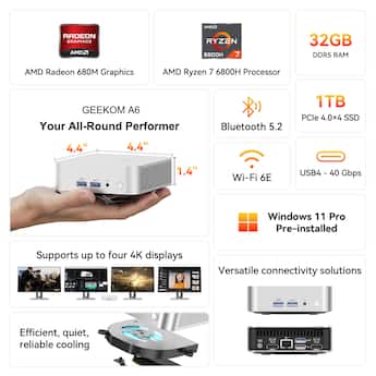 GEEKOM A6 Mini PC, AMD Ryzen 7 6800H, 32GB DDR5& 1TB M.2 2280 NVMe GEEKOM A6 Mini PC, AMD Ryzen 7 6800H, 32GB DDR5& 1TB M.2 2280 NVMe
