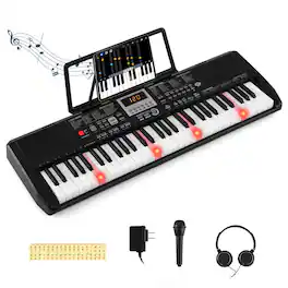 Costway - 61 Keys Portable Keyboard with 200 Rhythms 200 Tones 70 Demos Note Sticker - Black
