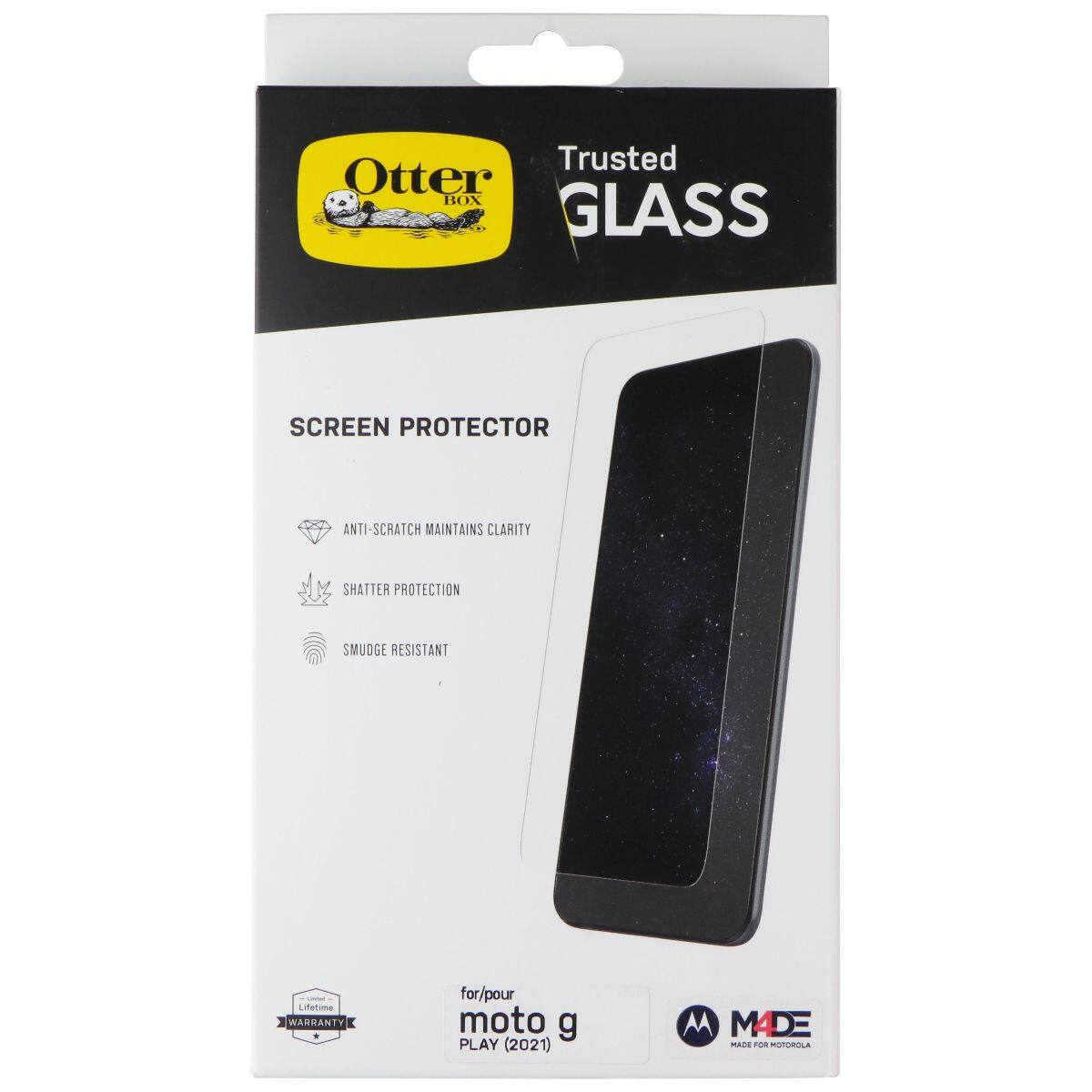 Trusted Otter BOX GLASS SCREEN PROTECTOR ANTI-SCRATCH MAINTAINS CLARITY SHATTER PROTECTION SMUDGE RESISTANT Lifetime WARRANTY for/pour moto g PLAY (2021) MADE FOR MOTOROLA