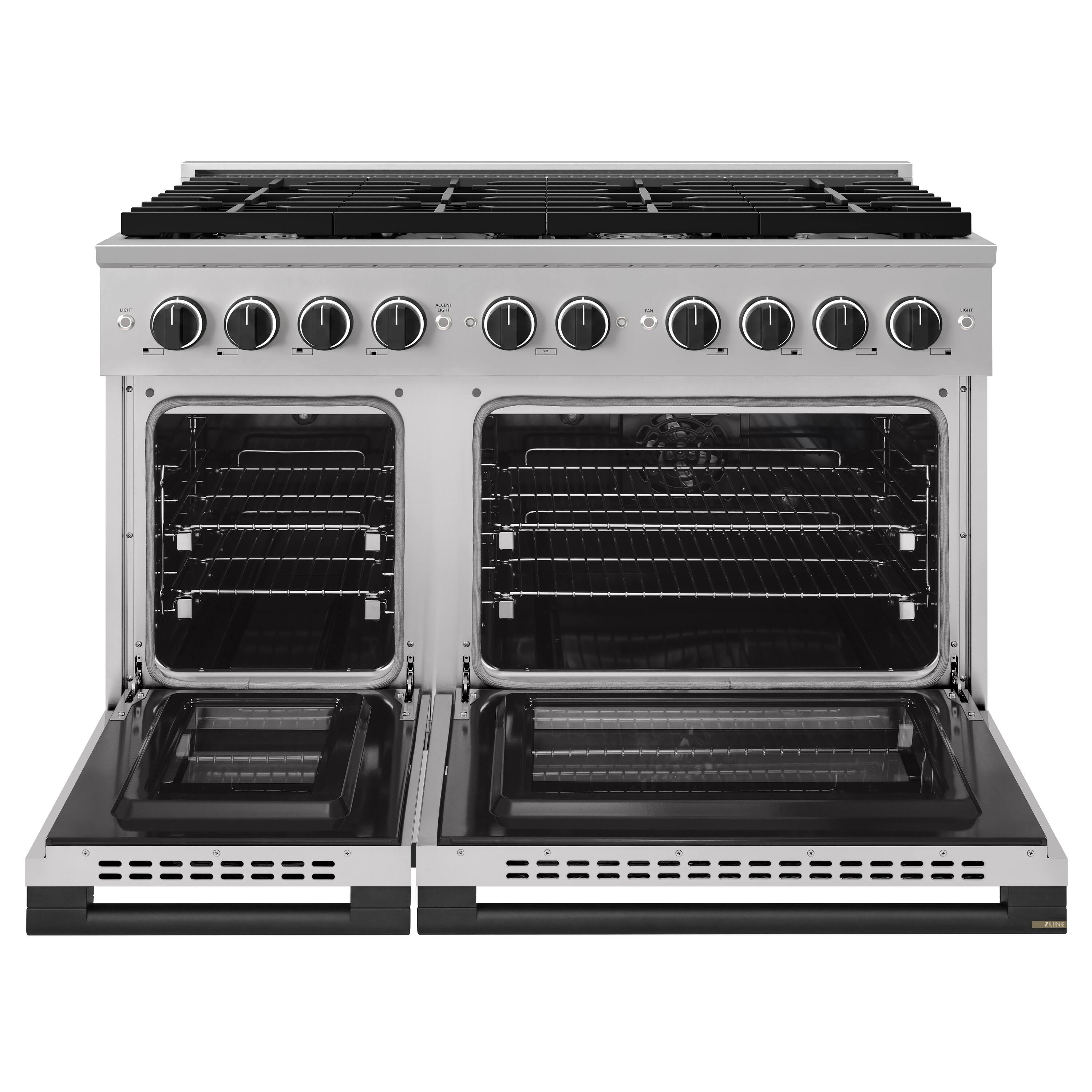 Angle. ZLINE - Autograph 48 in. 6.7 cu. ft. Marino Dual Fuel Freestanding Range w/ 8 Gas Burners & Convection Oven w/ Black Accents - Stainless Steel.