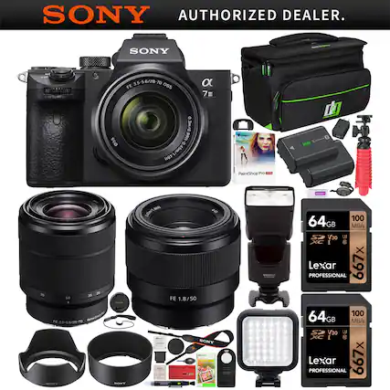 SONY AUTHORIZED DEALER.
SONY α7 III
- FE 3.5-5.6/28-70 OSS
- FE 1.8/50
- FE 3.5-5.6/28-70 OSS
- FE 1.8/50
PaintShopPro
- 64GB 100 MB/s V30 Lexar 667x
- 64GB 100 MB/s V30 Lexar 667x
Additional Items:
- Camera Bag
- Tripod
- Flash
- Lens Hood
- Camera Strap
- Memory Card Reader
- Cleaning Kit
- Lens Cap
- Battery Grip
- External Flash
- LED Light
