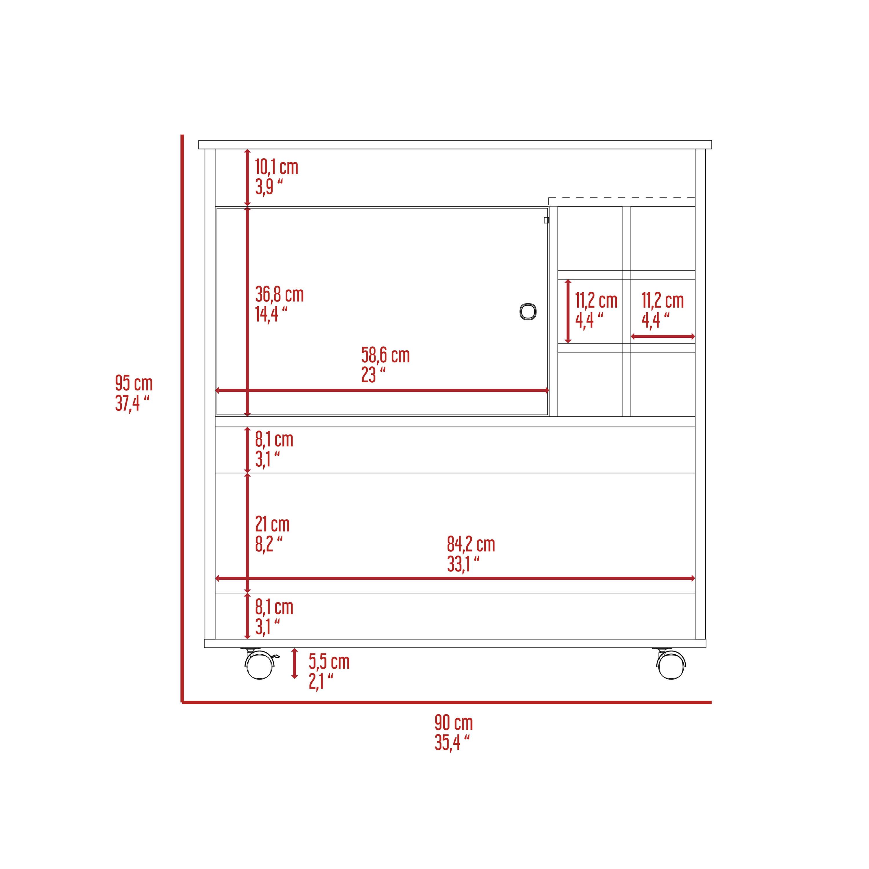 - 10.1 cm (3.9")
- 36.8 cm (14.4")
- 58.6 cm (23")
- 95 cm (37.4")
- 8.1 cm (3.1")
- 21 cm (8.2")
- 84.2 cm (33.1")
- 11.2 cm (4.4")
- 11.2 cm (4.4")
- 5.5 cm (2.1")
- 90 cm (35.4")