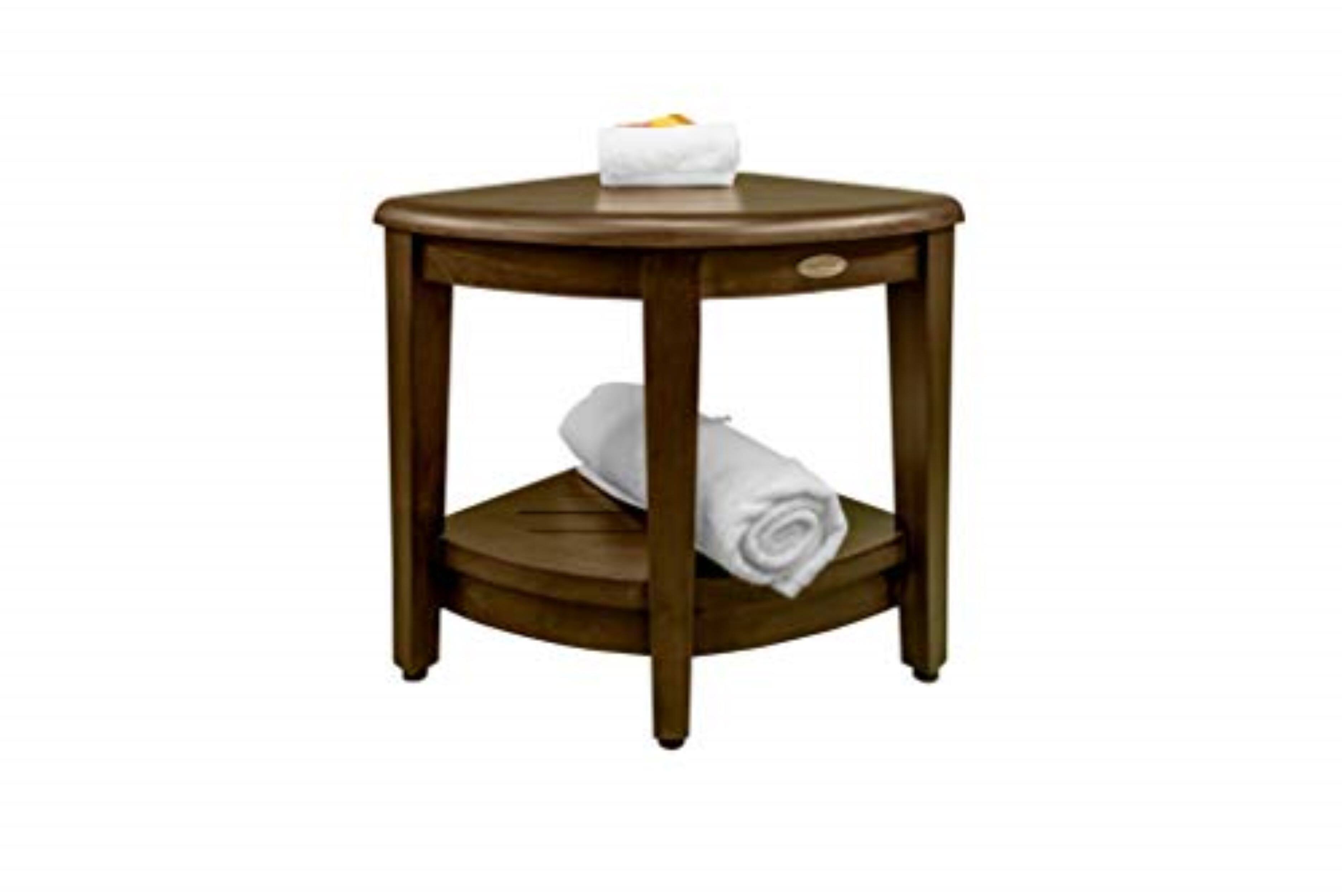 Left. DecoTeak - DecoTeak SnazzyCorner 23" Teak Wood Corner Shower Bench with Shelf in Woodland Brown Finish - Extended Height - Woodland Brown.