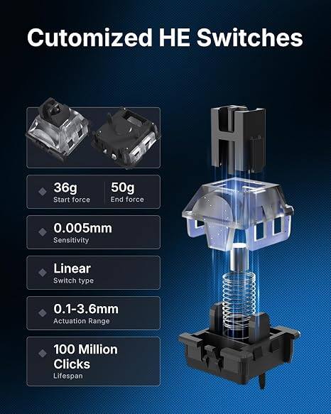 Customized HE Switches

- 36g Start force
- 50g End force
- 0.005mm Sensitivity
- Linear Switch type
- 0.1-3.6mm Actuation Range
- 100 Million Clicks Lifespan