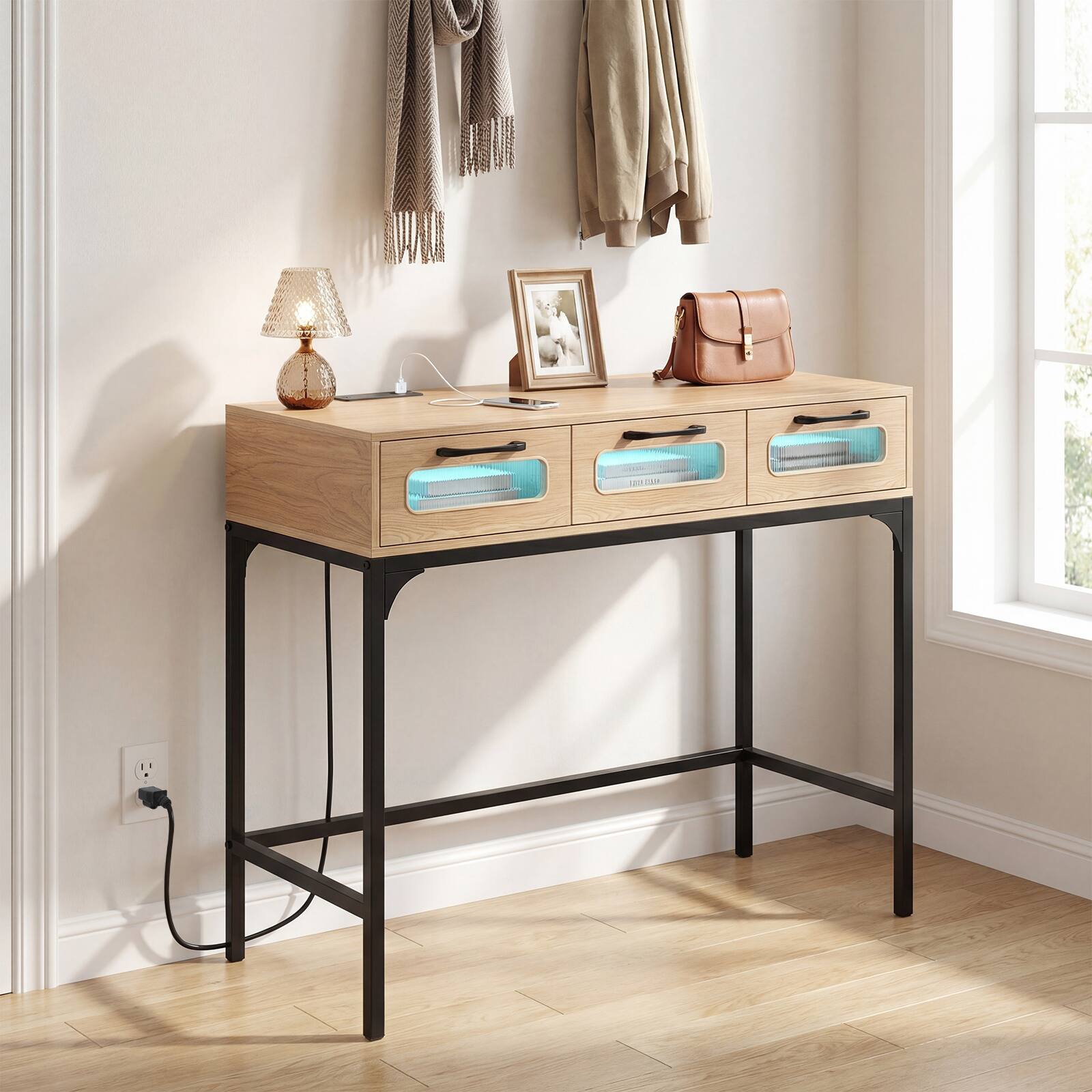Alt View 3. Costway - Costway Console Table with LED Lighting & Charging Station,Entryway Table with 3 Drawers - Natural.