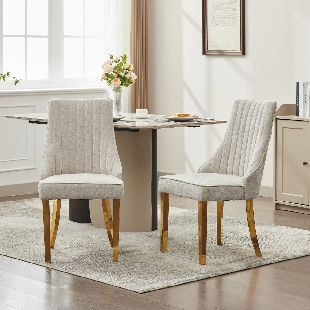 Loheer - Chenille High Back Dining Chairs Set of 2 Gold Leg Upholstered Accent Chairs for Kitchen Dinner Room - Beige price history on PriceWatchPro