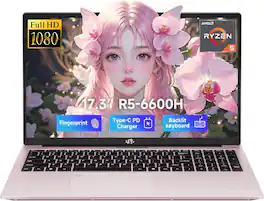 NIMO - 17.3" IPS FHD-Gaming-Laptop, AMD Ryzen 5 6600H 8GB DDR5 RAM 256GB SSD Radeon 660M 100W Type-C Backlit Keyboard - Rose Gold