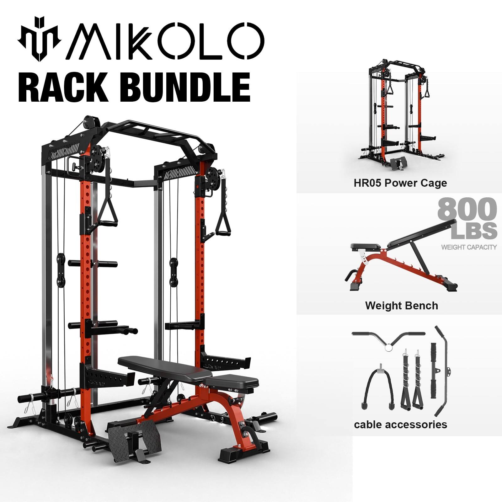 Mikolo - Power Rack Cage, Weight Rack,Multi-Function Squat Rack with J Hooks,Dip Bars and Landmine - Red