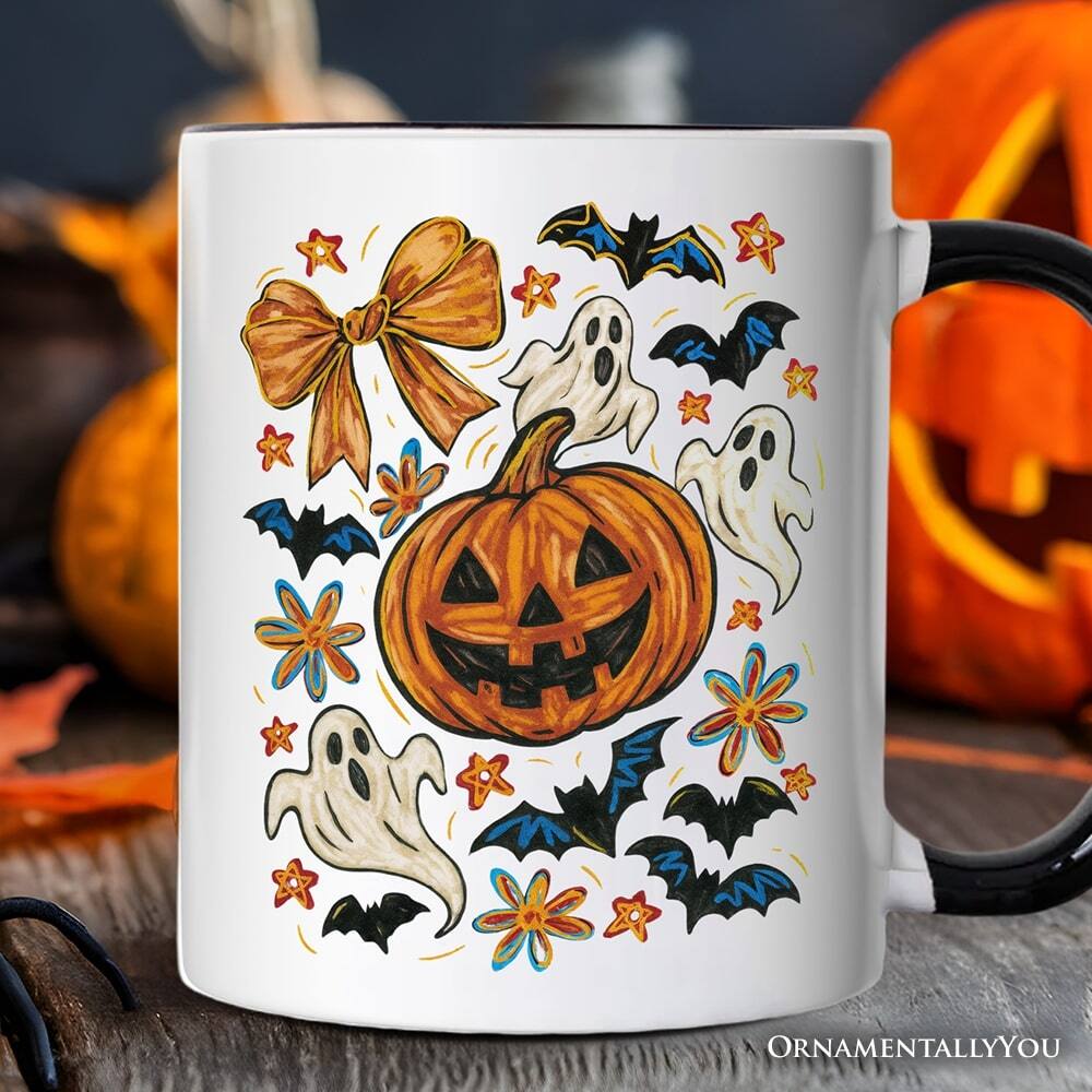 Back. OrnamentallyYou - Pumpkin Ghosts Coquette Bow Mug, Retro Fall Spooky Gift - White.