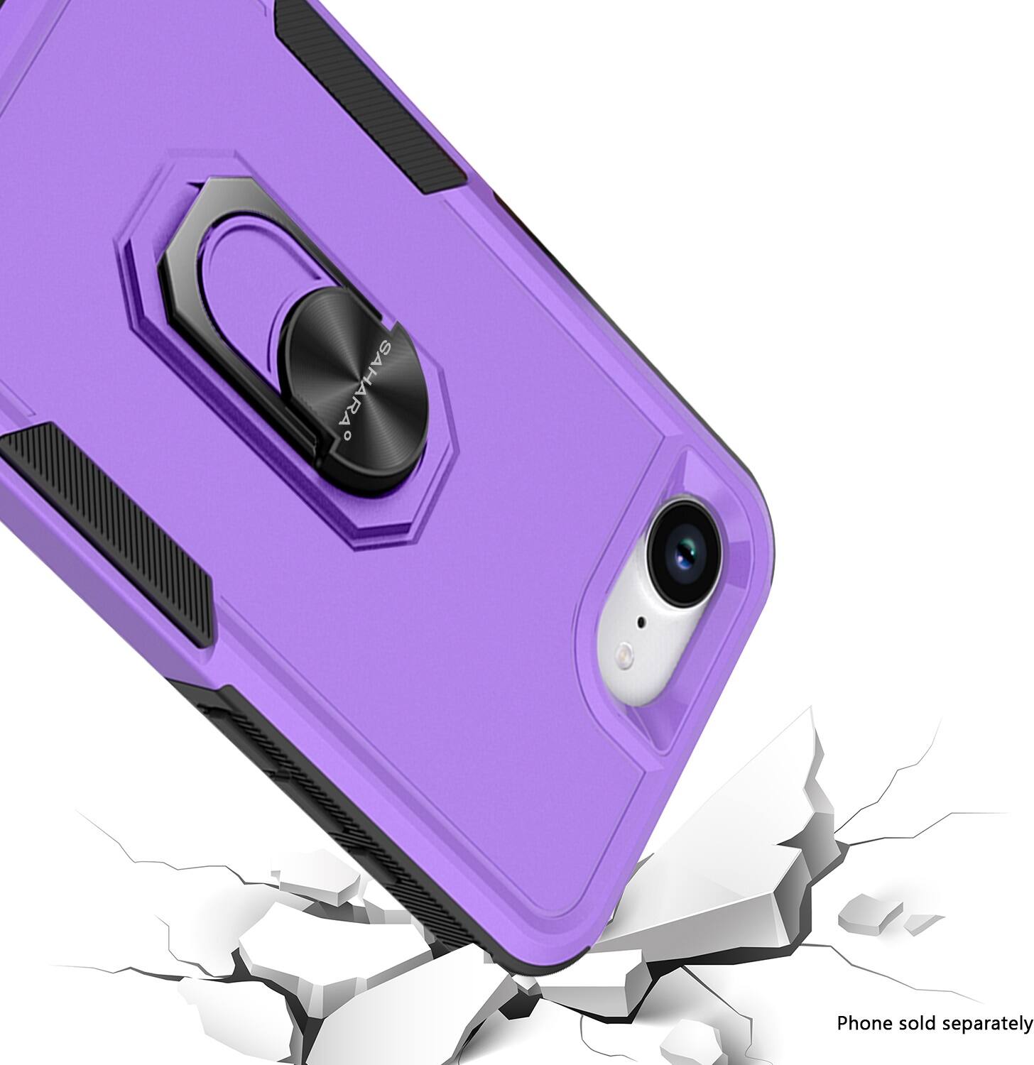 The image shows a purple phone case with a camera on the back, which is being crushed by a pile of white rocks. The text on the image reads "phone sold separately," indicating that the phone itself is not included with the case and must be purchased separately.