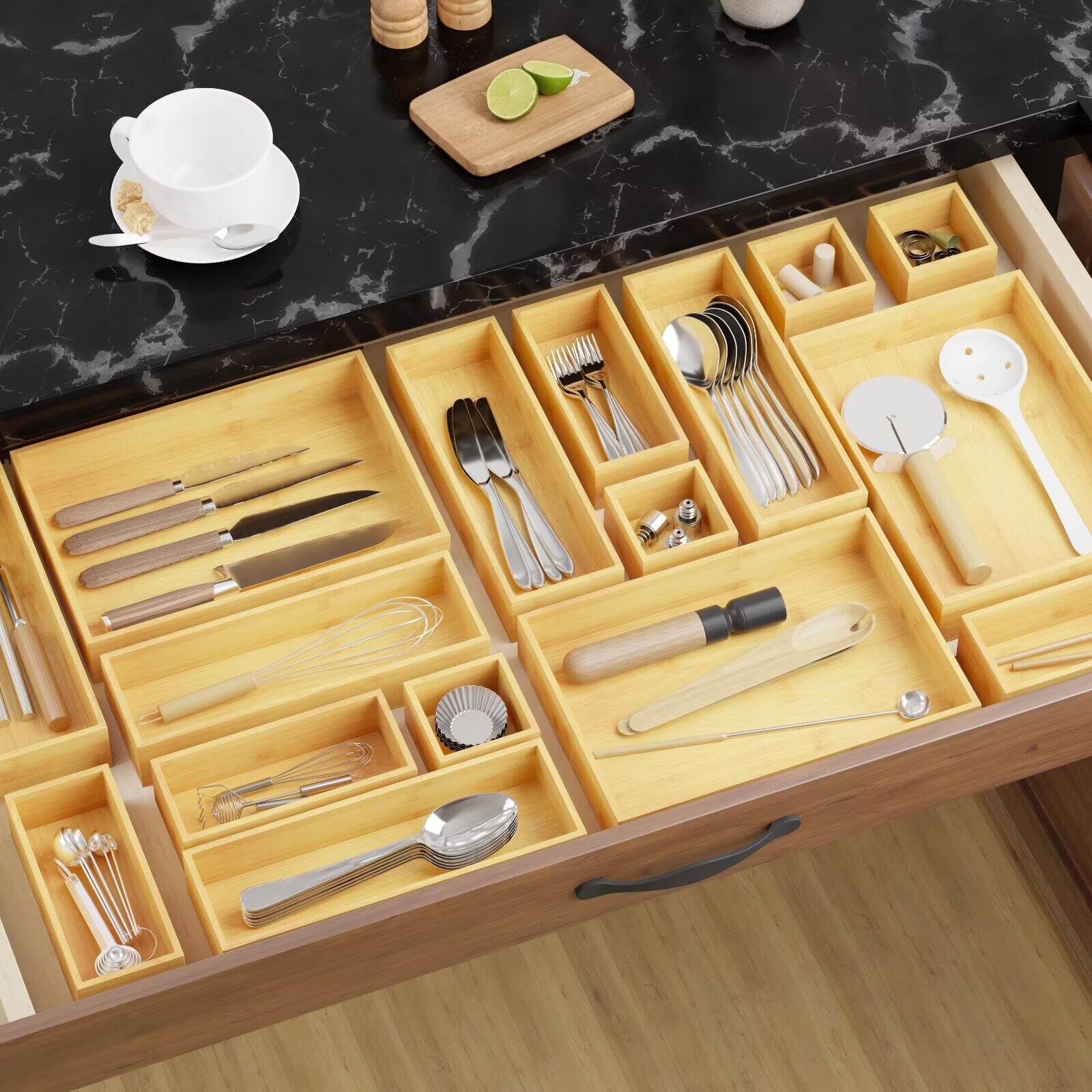 Back. Tooloton - Bamboo Drawer Organizer Set, 21-Piece Wooden Trays for Kitchen, Bathroom, Office and Makeup Storage (Natural) - Natural.