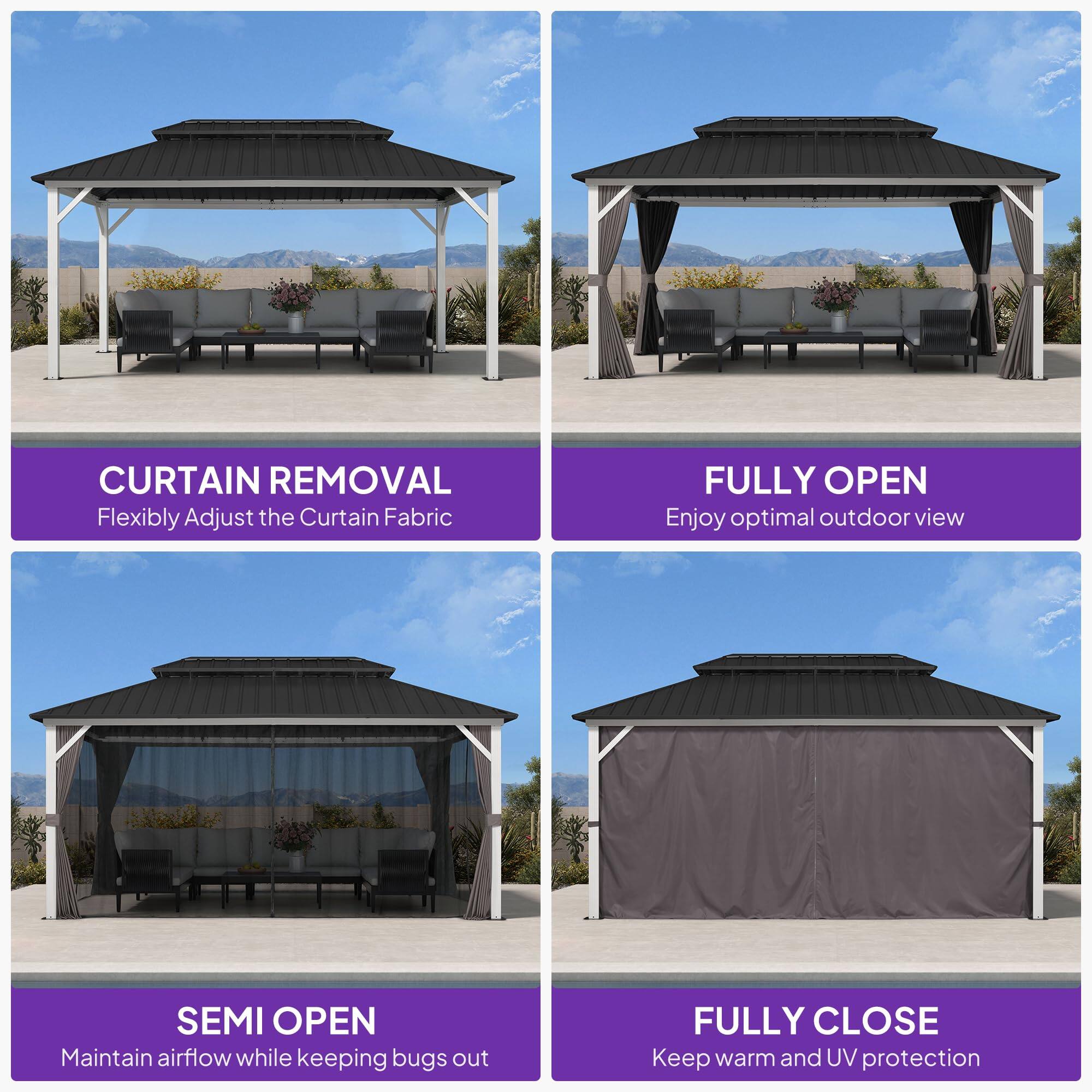 - CURTAIN REMOVAL  
  Flexibly Adjust the Curtain Fabric

- FULLY OPEN  
  Enjoy optimal outdoor view

- SEMI OPEN  
  Maintain airflow while keeping bugs out

- FULLY CLOSE  
  Keep warm and UV protection