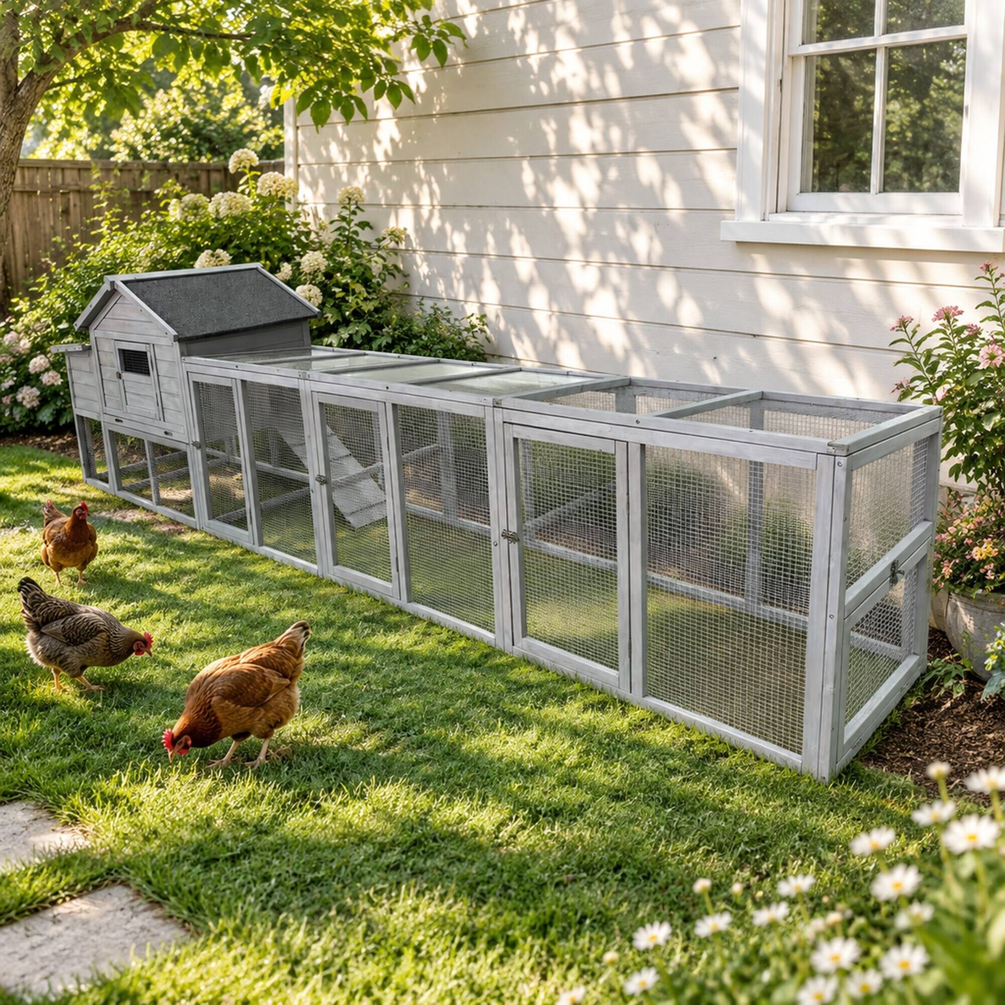 Alt View 1. RYHNUYNE - 141 in Wooden Chicken Coop, Outdoor Hen House, Nesting Box, Waterproof Anti-UV Panel, Wire Fence.