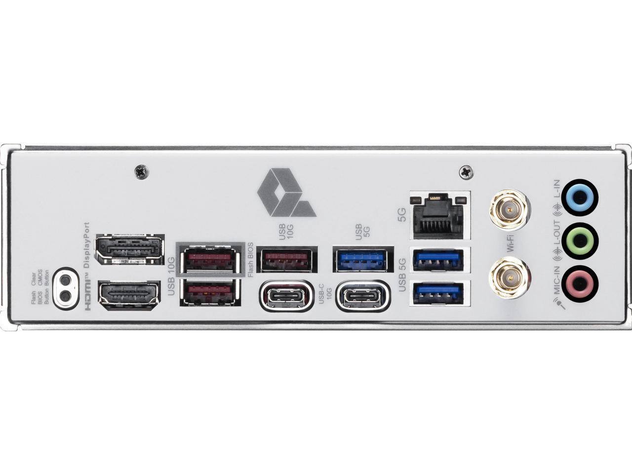 Sure, here is the corrected and grouped text from the image:

- Clear CMOS Button
- Flash BIOS Button
- DisplayPort
- HOMI 10G
- USB 10G
- USB-C 10G
- USB 5G
- USB 5G
- USB 5G
- Wi-Fi
- L-IN
- L-OUT
- MIC-IN