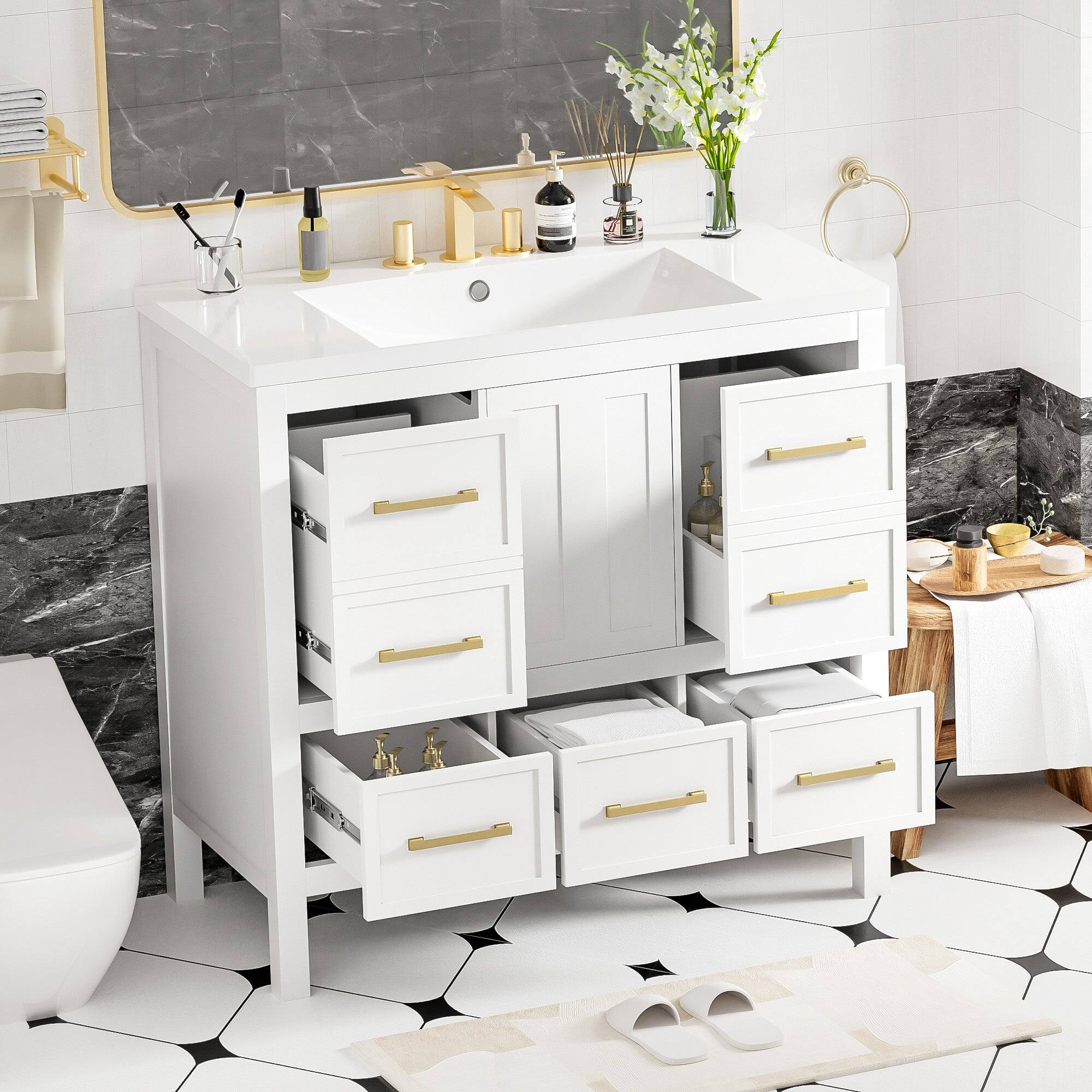 Alt View 5. Boyel Living - 36 Inch Bathroom Vanity with Resin Sink and Five Drawers White - White.