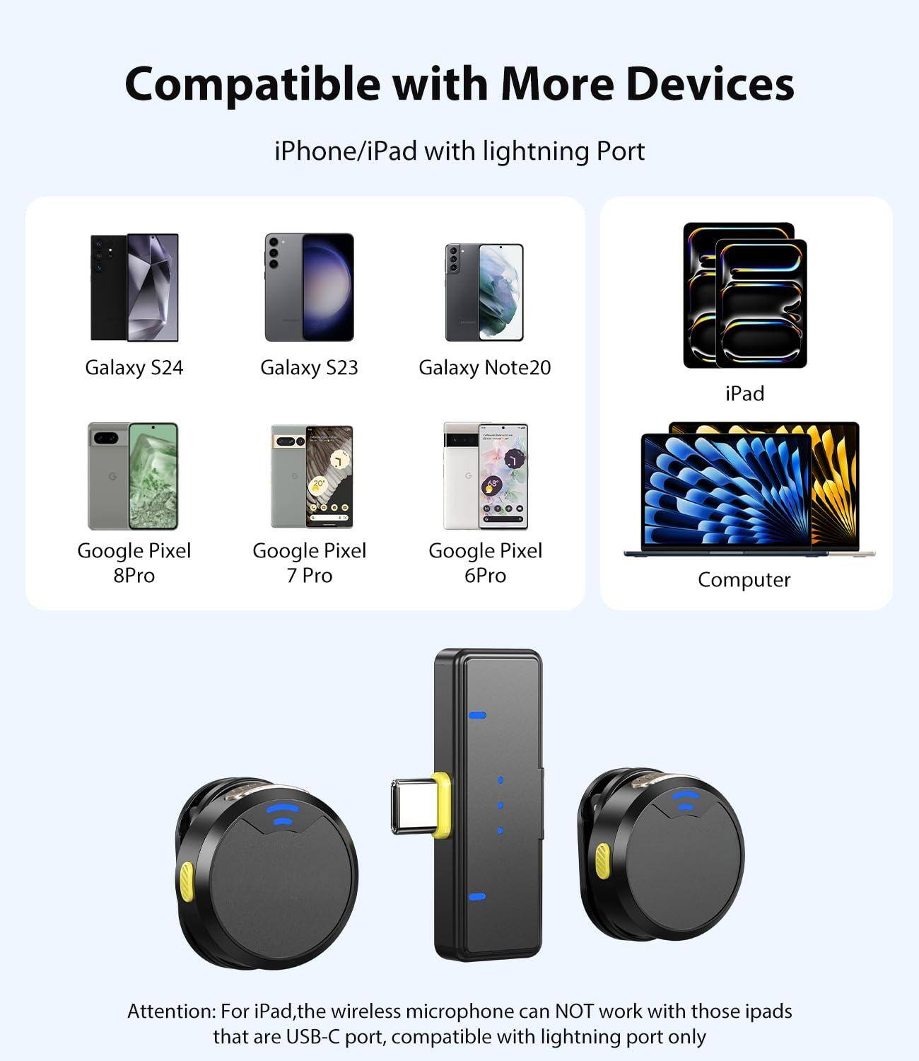 Compatible with More Devices

iPhone/iPad with lightning Port

- Galaxy S24
- Galaxy S23
- Galaxy Note20
- Google Pixel 8Pro
- Google Pixel 7 Pro
- Google Pixel 6Pro
- iPad
- Computer

Attention: For iPad, the wireless microphone can NOT work with those iPads that are USB-C port, compatible with lightning port only