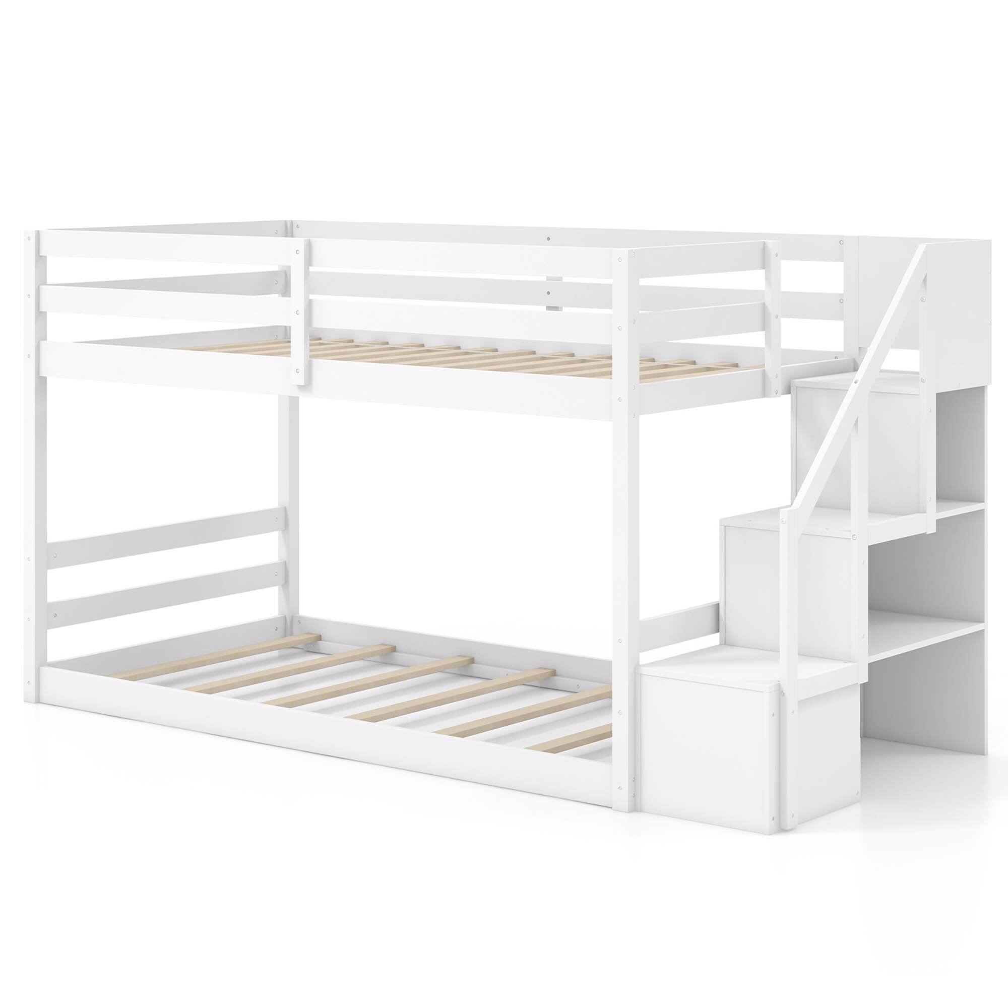 Alt View 9. Costway - Costway Twin Over Twin Low Bunk Bed Solid Wood Floor Bunk Bed Frame with Storage Stairs - White.