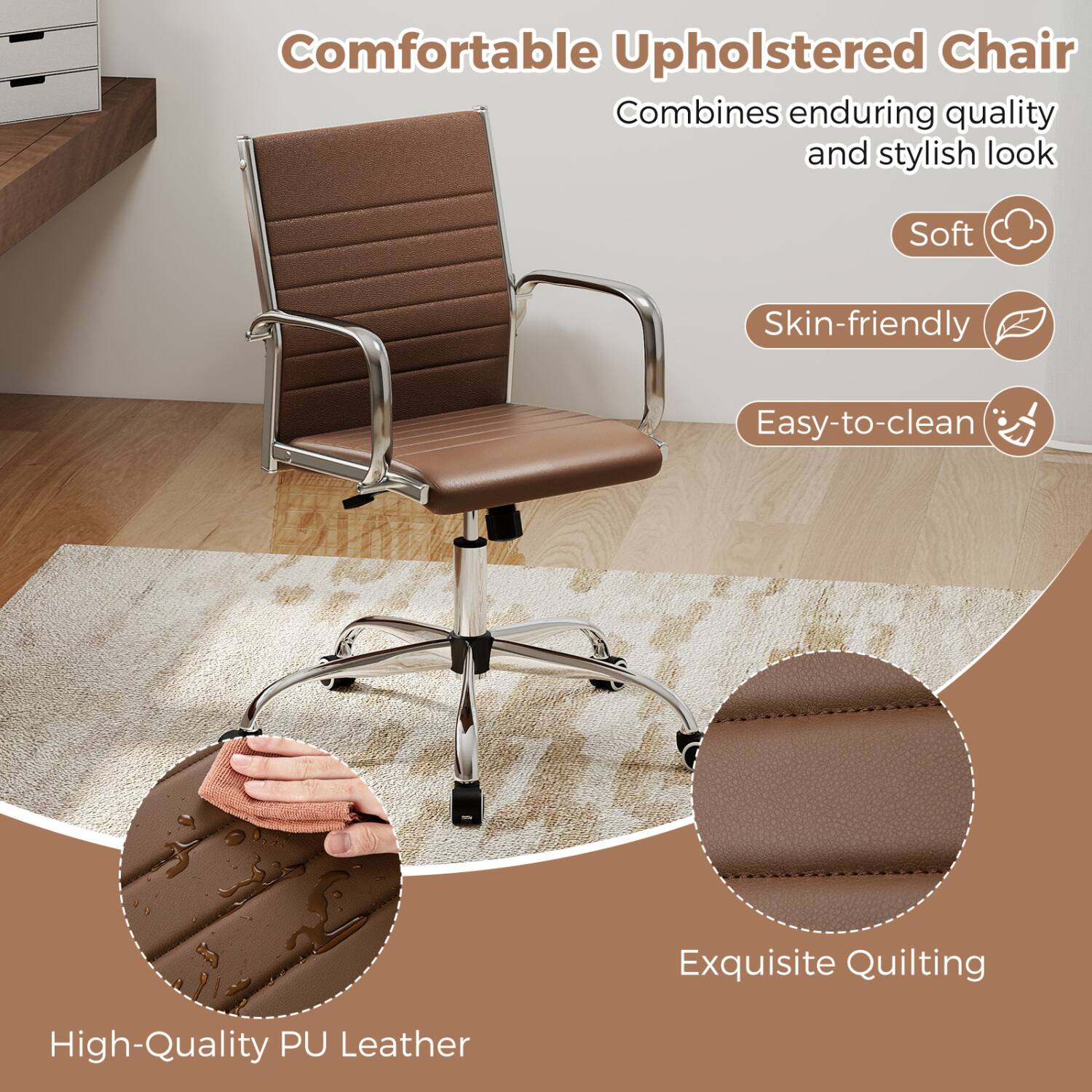 Comfortable Upholstered Chair Combines enduring quality and stylish look

- Soft
- Skin-friendly
- Easy-to-clean
- Exquisite Quilting
- High-Quality PU Leather