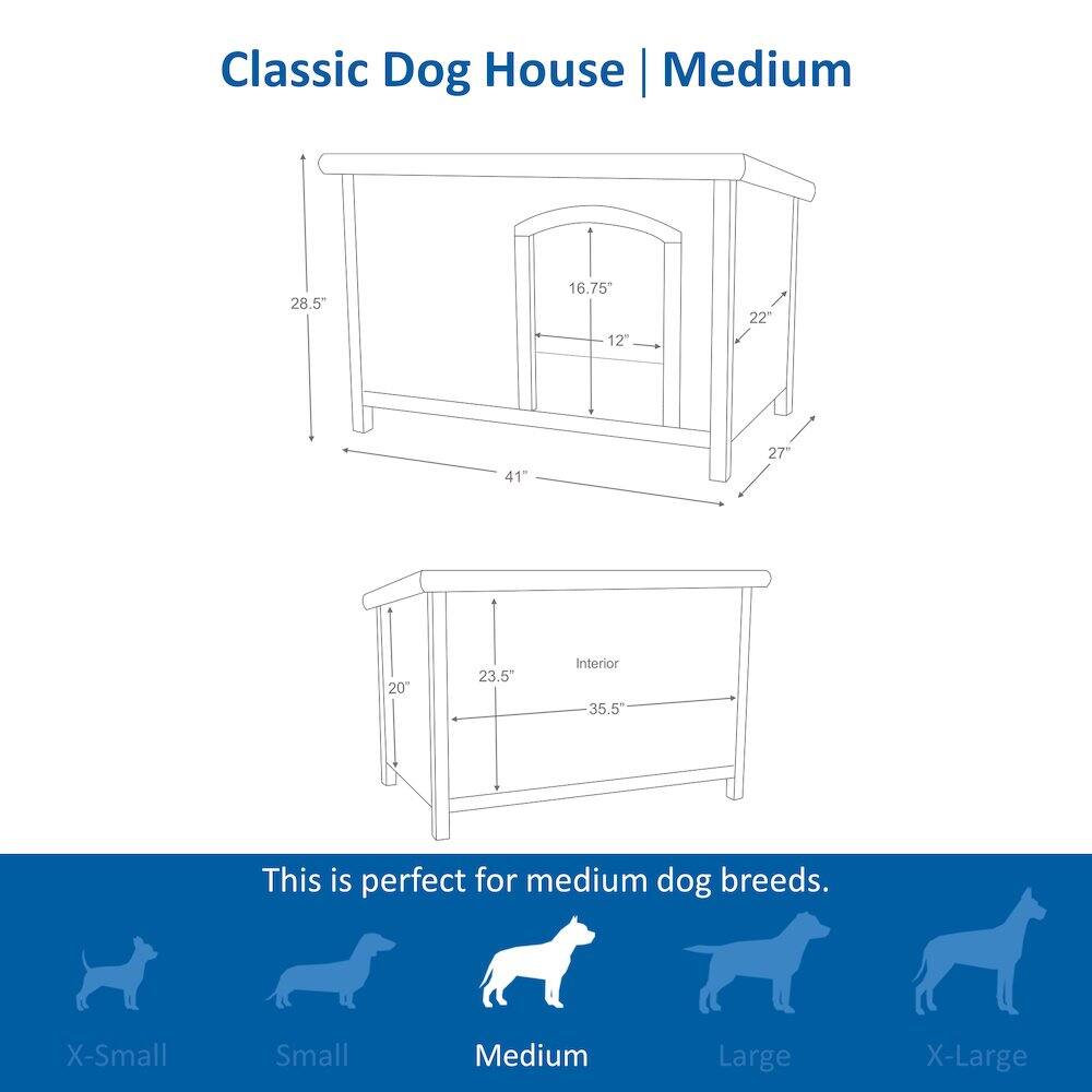 Classic Dog House | Medium

28.5" x 16.75" x 12" x 22" x 41" x 27" x 20" x 23.5" Interior 35.5"

This is perfect for medium dog breeds.

X-Small Small Medium Large X-Large