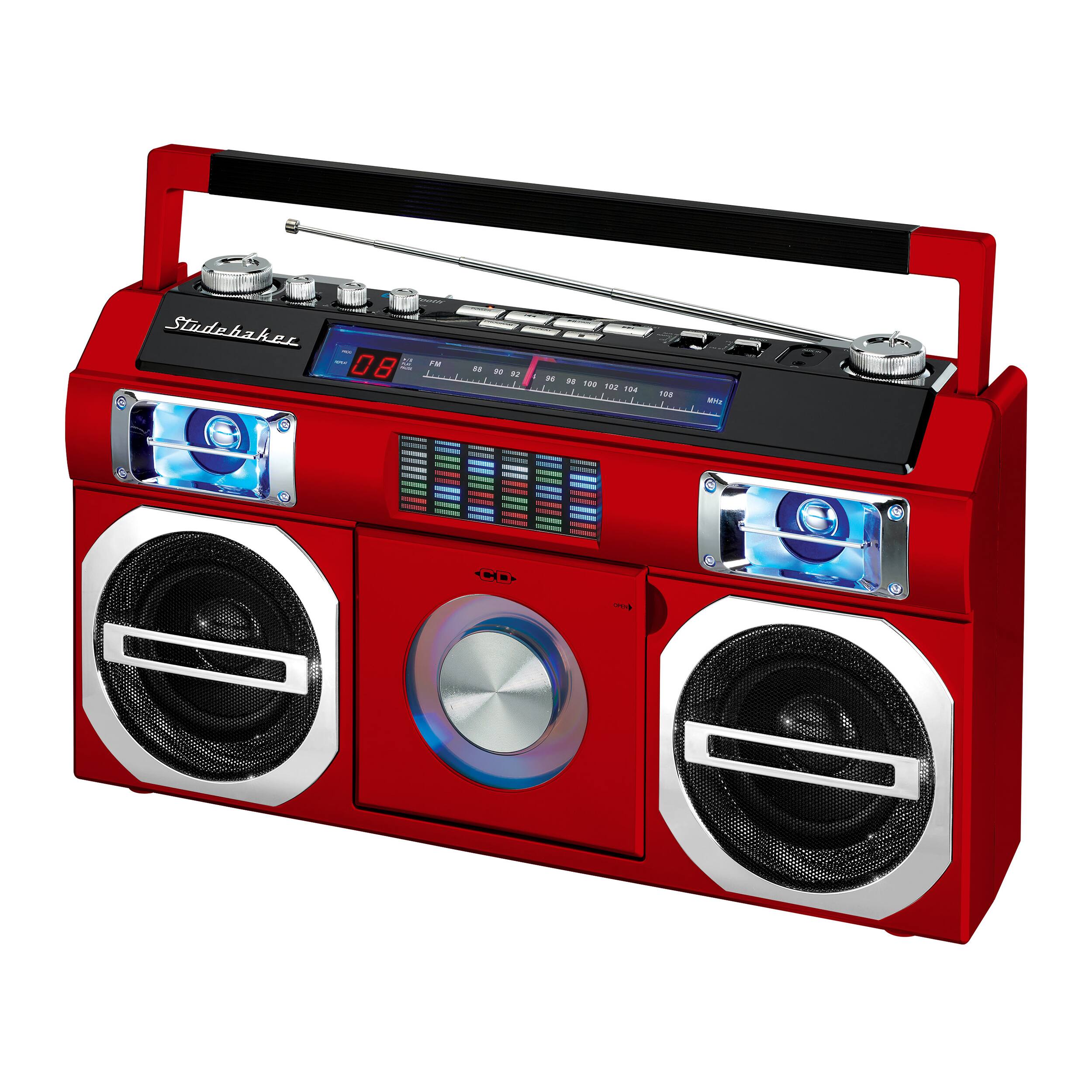 Back. Studebaker - Bluetooth Boombox with FM Radio, CD Player, 10 watts RMS - Red.