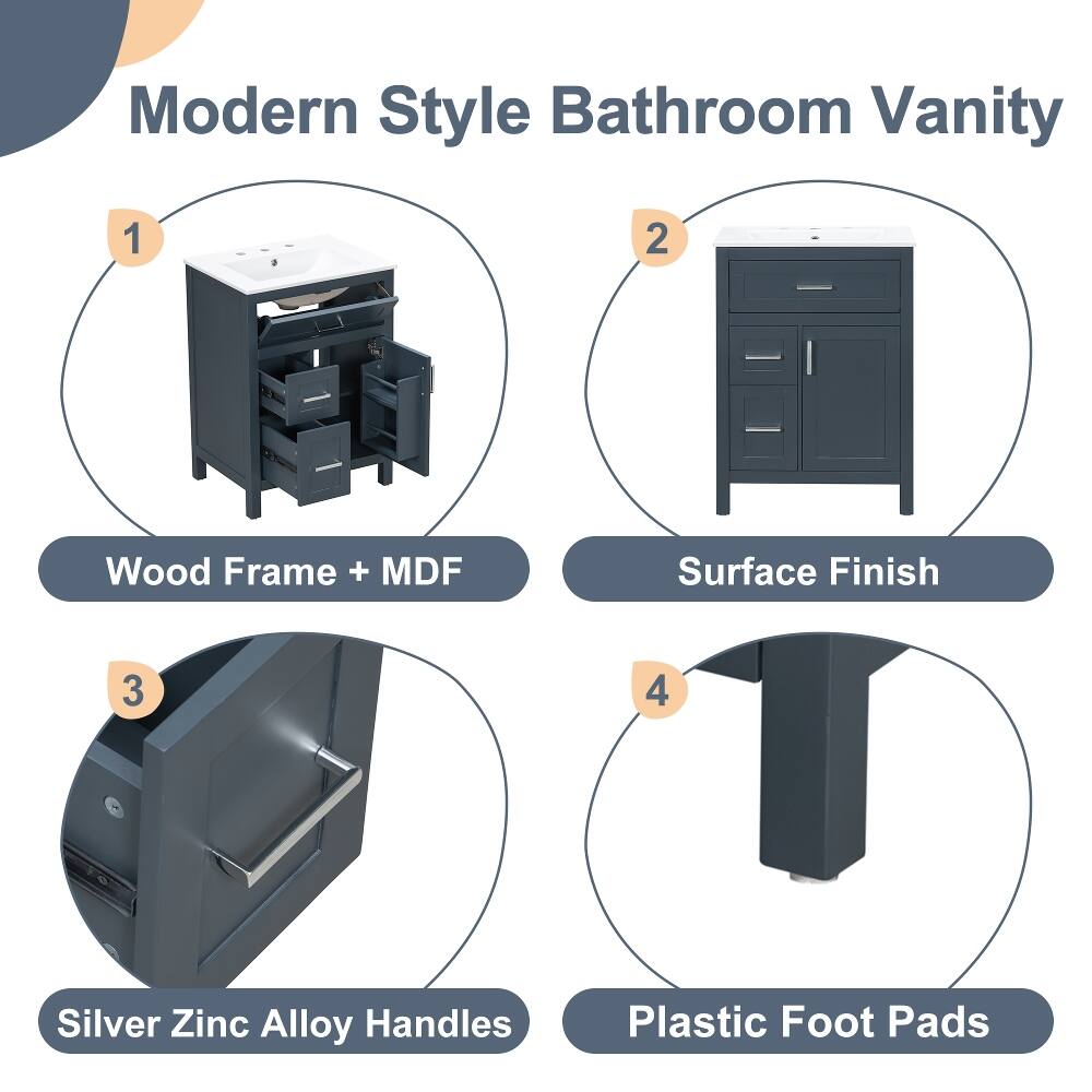Modern Style Bathroom Vanity

1. Wood Frame + MDF
2. Surface Finish
3. Silver Zinc Alloy Handles
4. Plastic Foot Pads