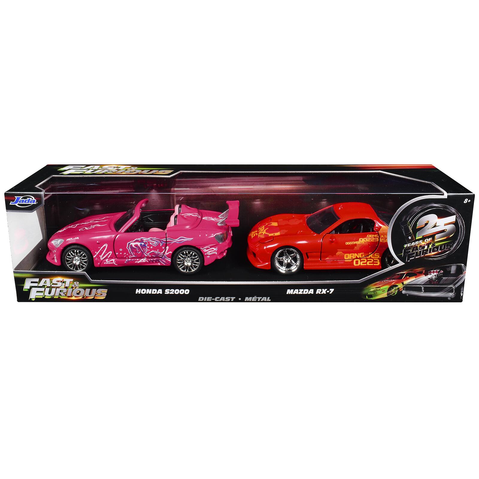 FAST & FURIOUS  
Jada  
8+  
DIE-CAST METAL  
HONDA S2000  
MAZDA RX-7  
FAST & FURIOUS  
25 YEARS OF FAST & FURIOUS  
ORANGE 0223