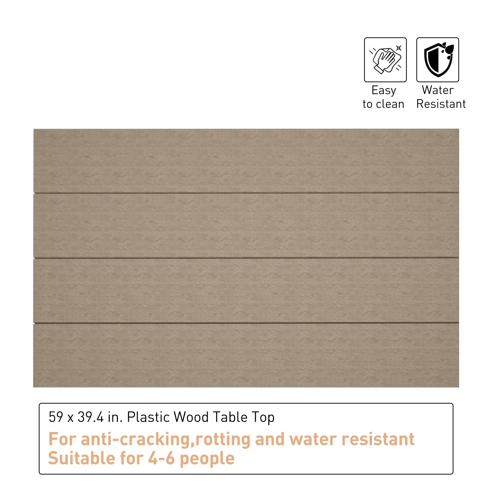 Easy to clean, Water Resistant

59 x 39.4 in. Plastic Wood Table Top

For anti-cracking, rotting and water resistant

Suitable for 4-6 people