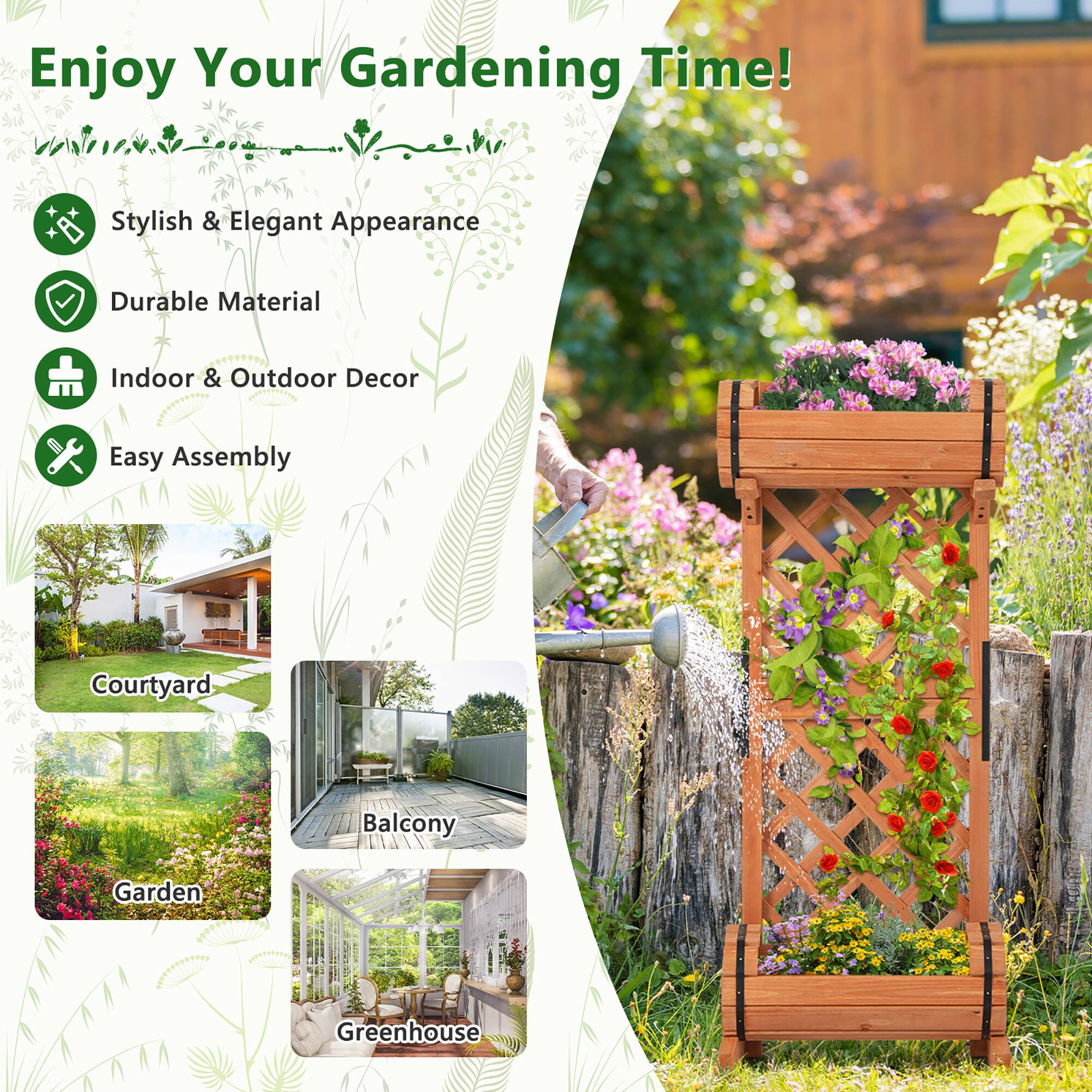 Enjoy Your Gardening Time!

- Stylish & Elegant Appearance
- Durable Material
- Indoor & Outdoor Decor
- Easy Assembly

Courtyard  
Balcony  
Garden  
Greenhouse