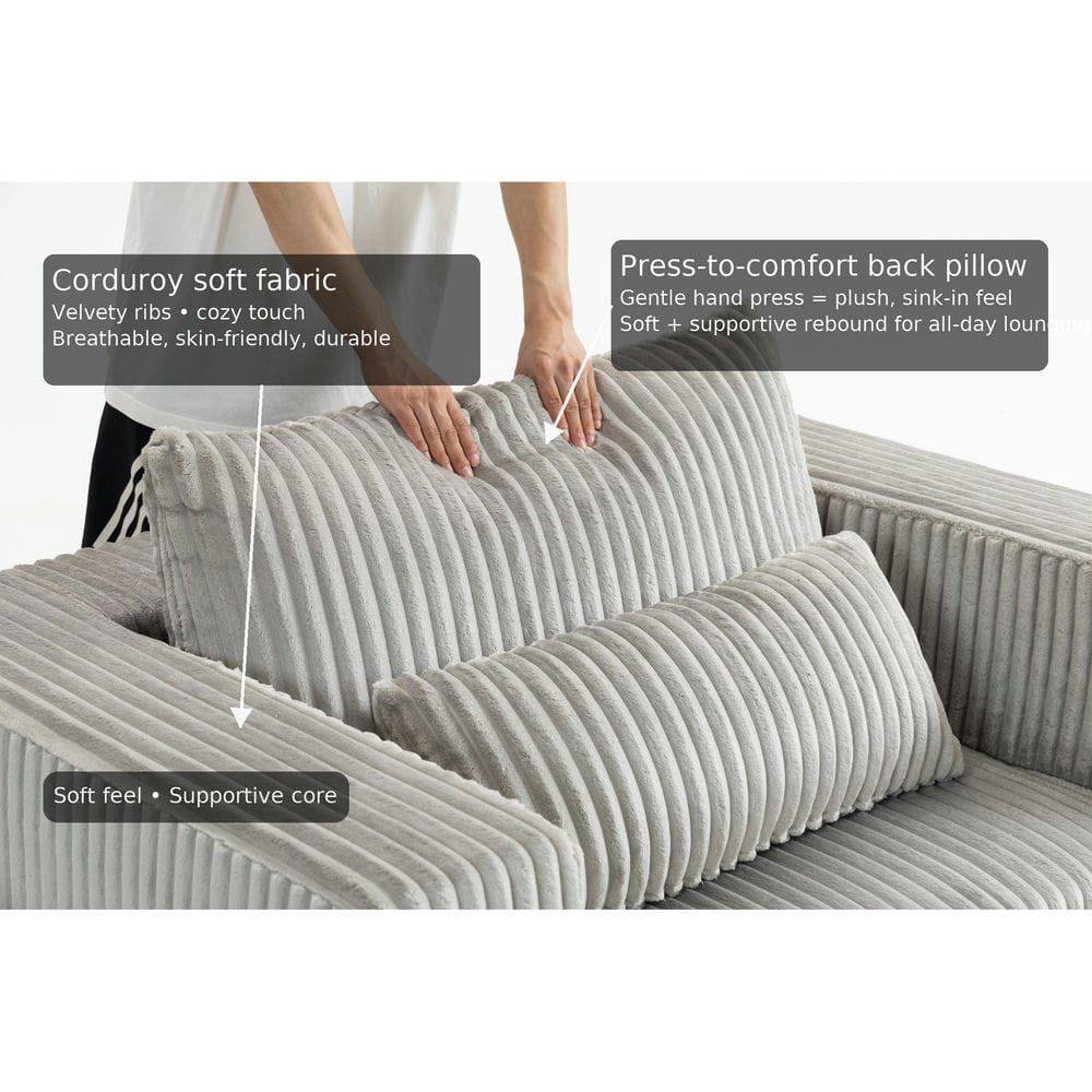 Corduroy soft fabric  
Velvety ribs • cozy touch  
Breathable, skin-friendly, durable  

Press-to-comfort back pillow  
Gentle hand press = plush, sink-in feel  
Soft + supportive rebound for all-day lounging  

Soft feel • Supportive core