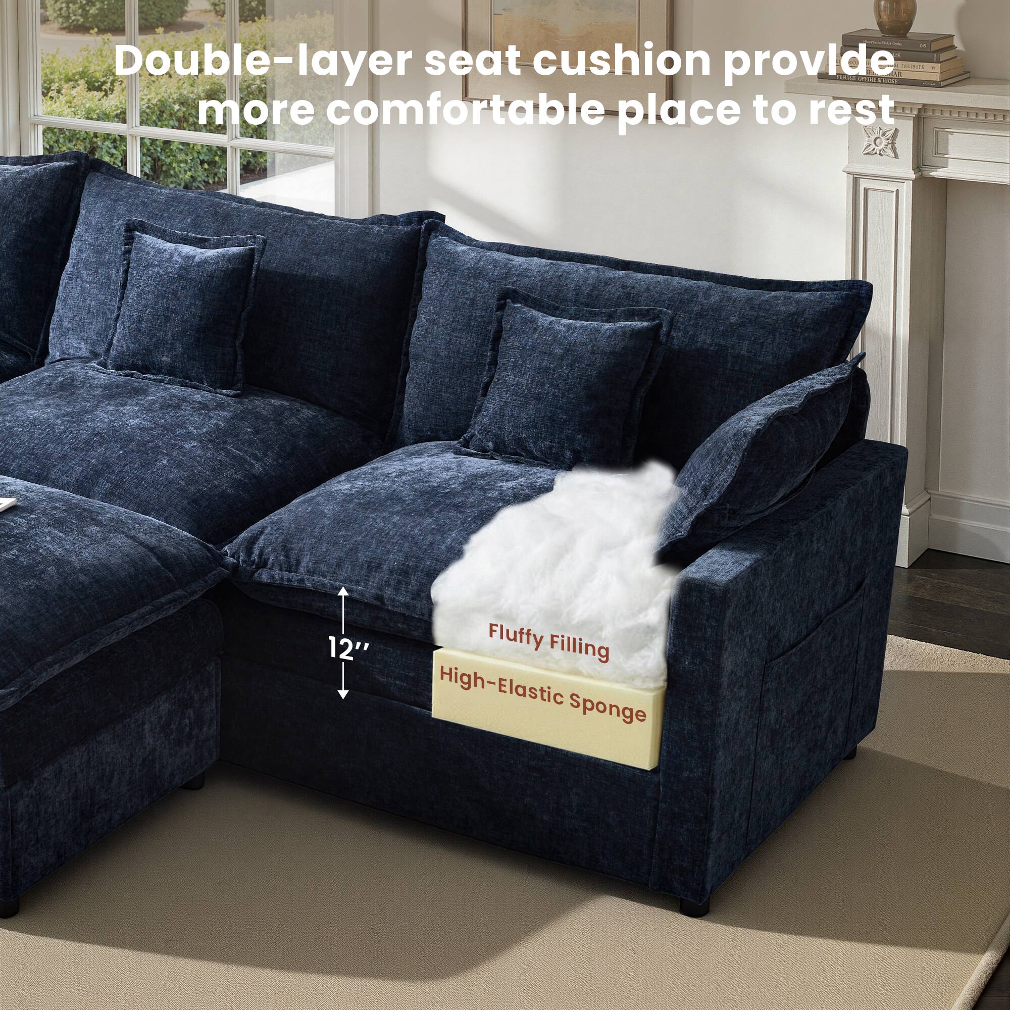 Double-layer seat cushion provide more comfortable place to rest

12" Fluffy Filling High-Elastic Sponge
