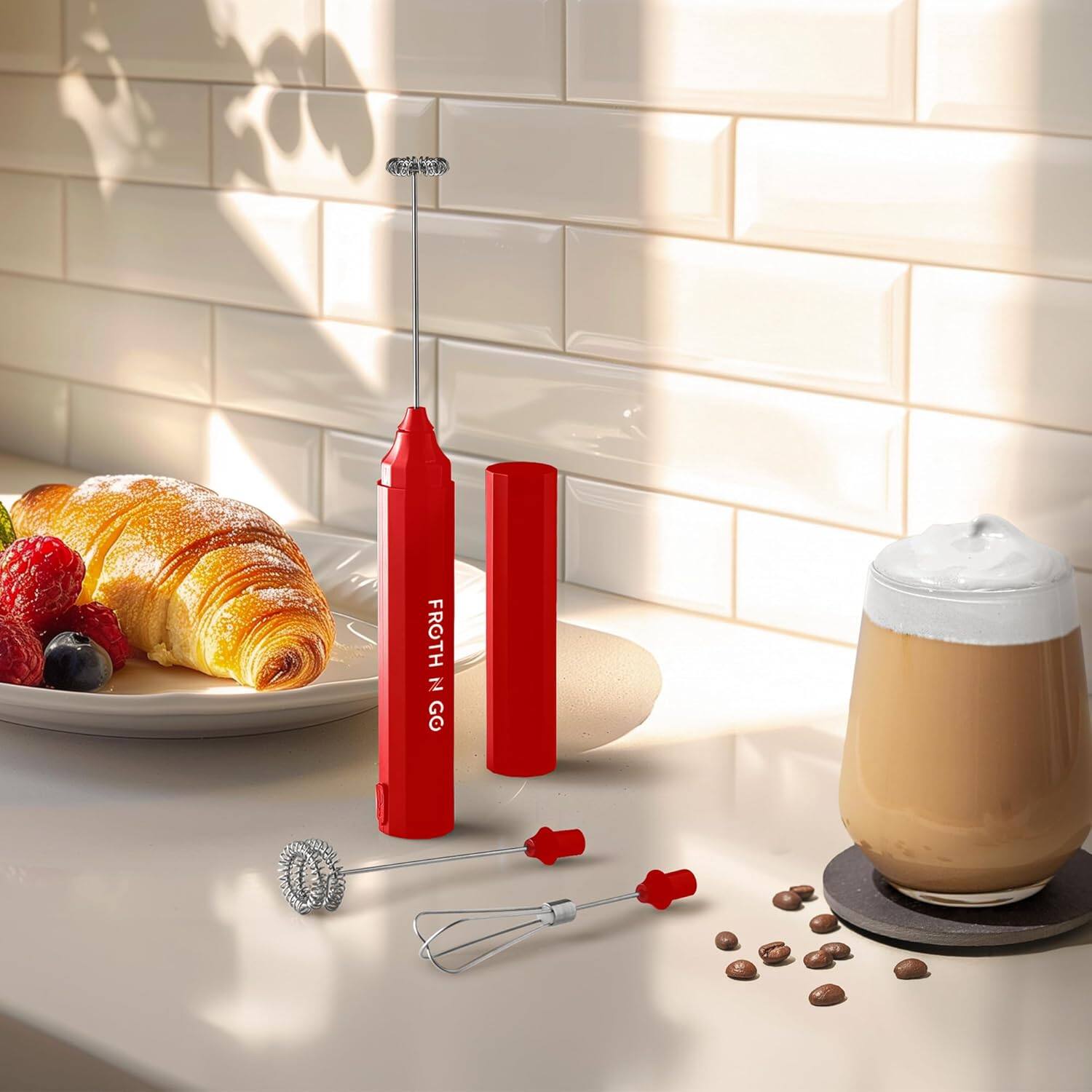 Angle. Zulay Kitchen - Zulay Kitchen 3-in-1  Froth N Go Milk Frother Rechargeable - Comes with 3 Whisk Attachments - Red.