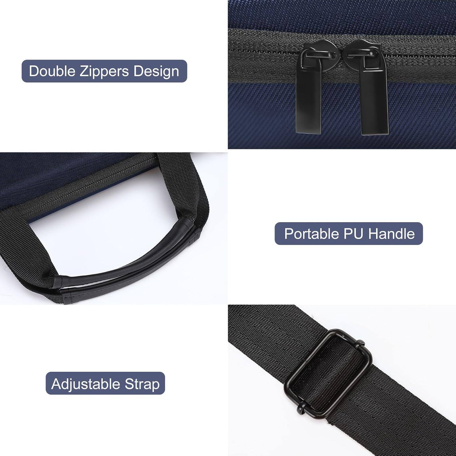 Double Zippers Design  
Portable PU Handle  
Adjustable Strap
