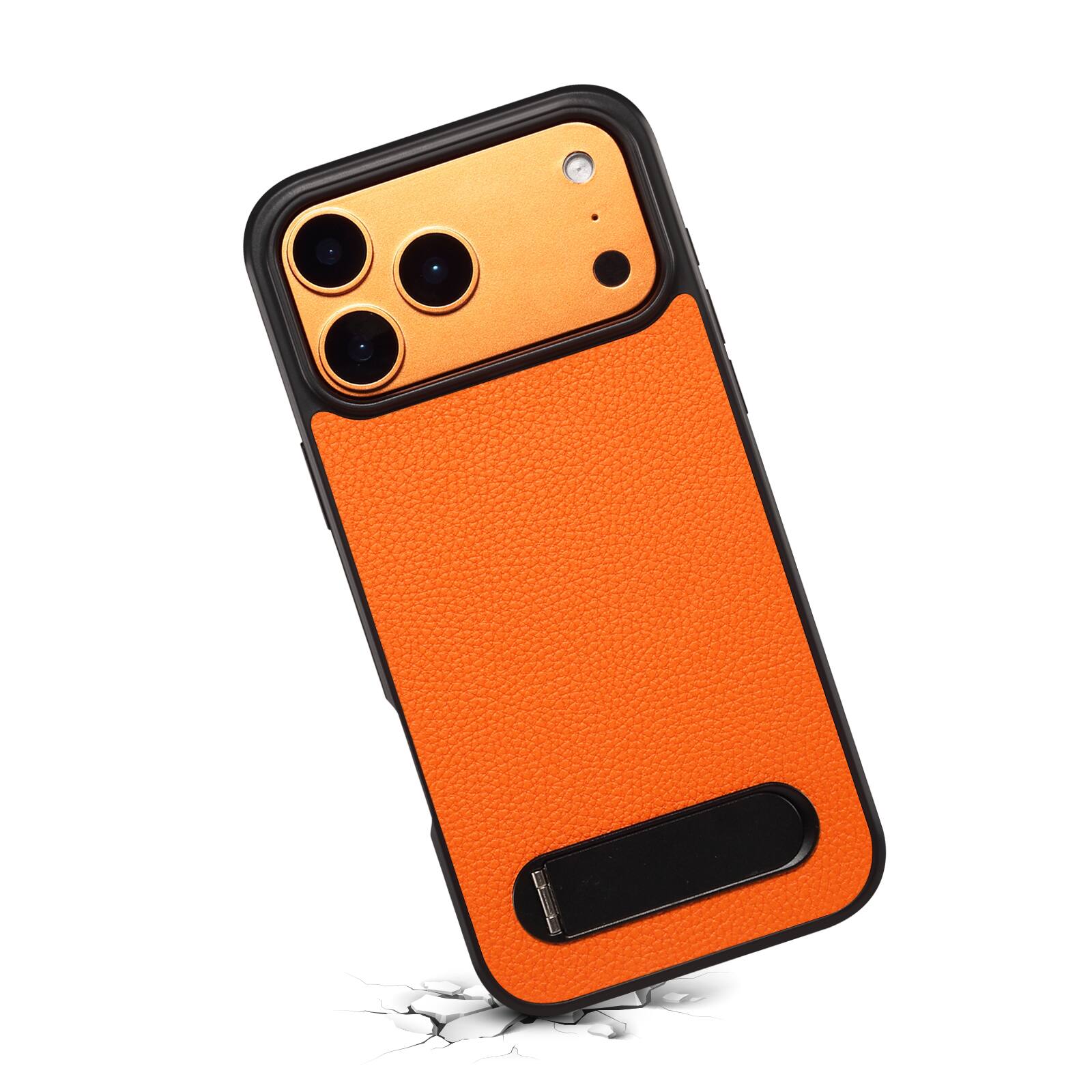 Alt View 3. Dteck - for Apple iPhone 17 Pro Magnetic Case with Built-in Hidden Kickstand,Lychee Texture Shockproof Protective Cover - Orange.