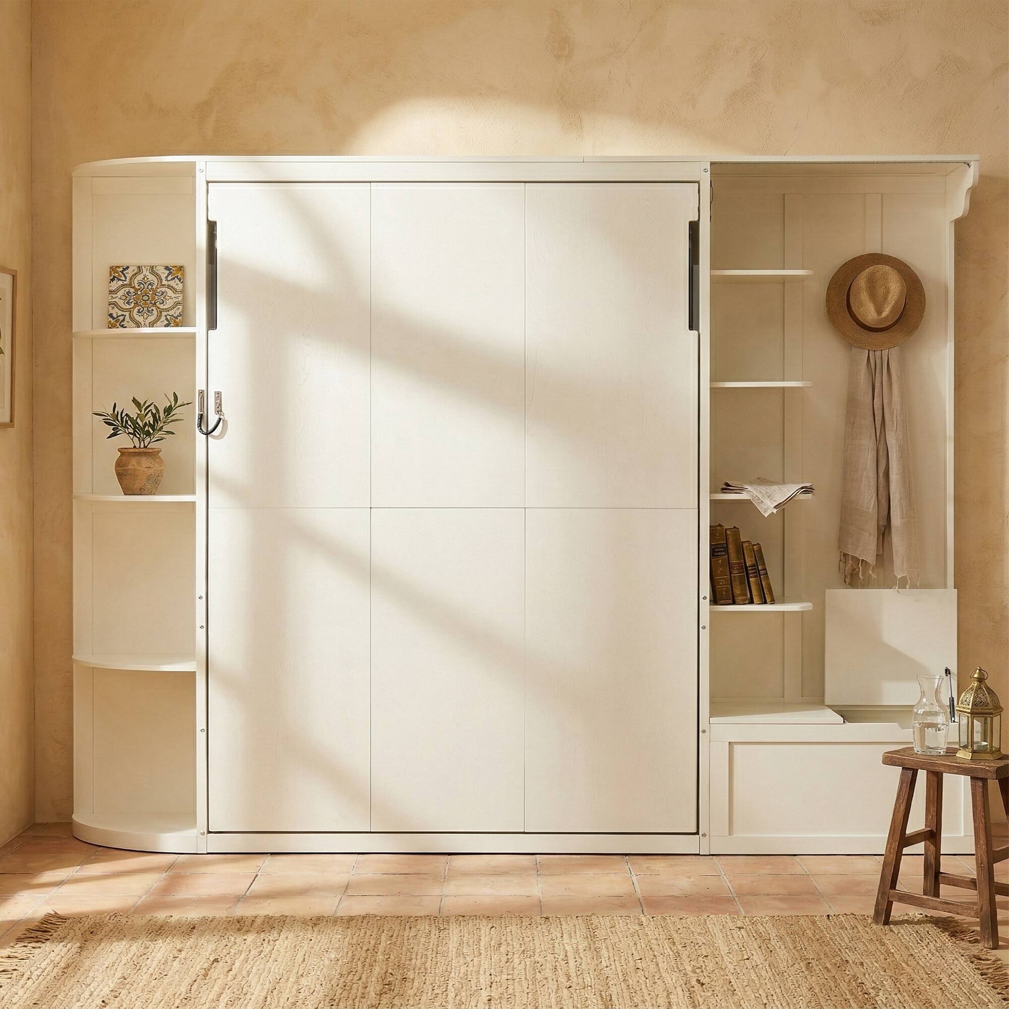 Left. Whisen - Queen Murphy Bed with Desk Storage & LED Lights, Space-Saving Wall Bed for Guest Room & Home Office - White.
