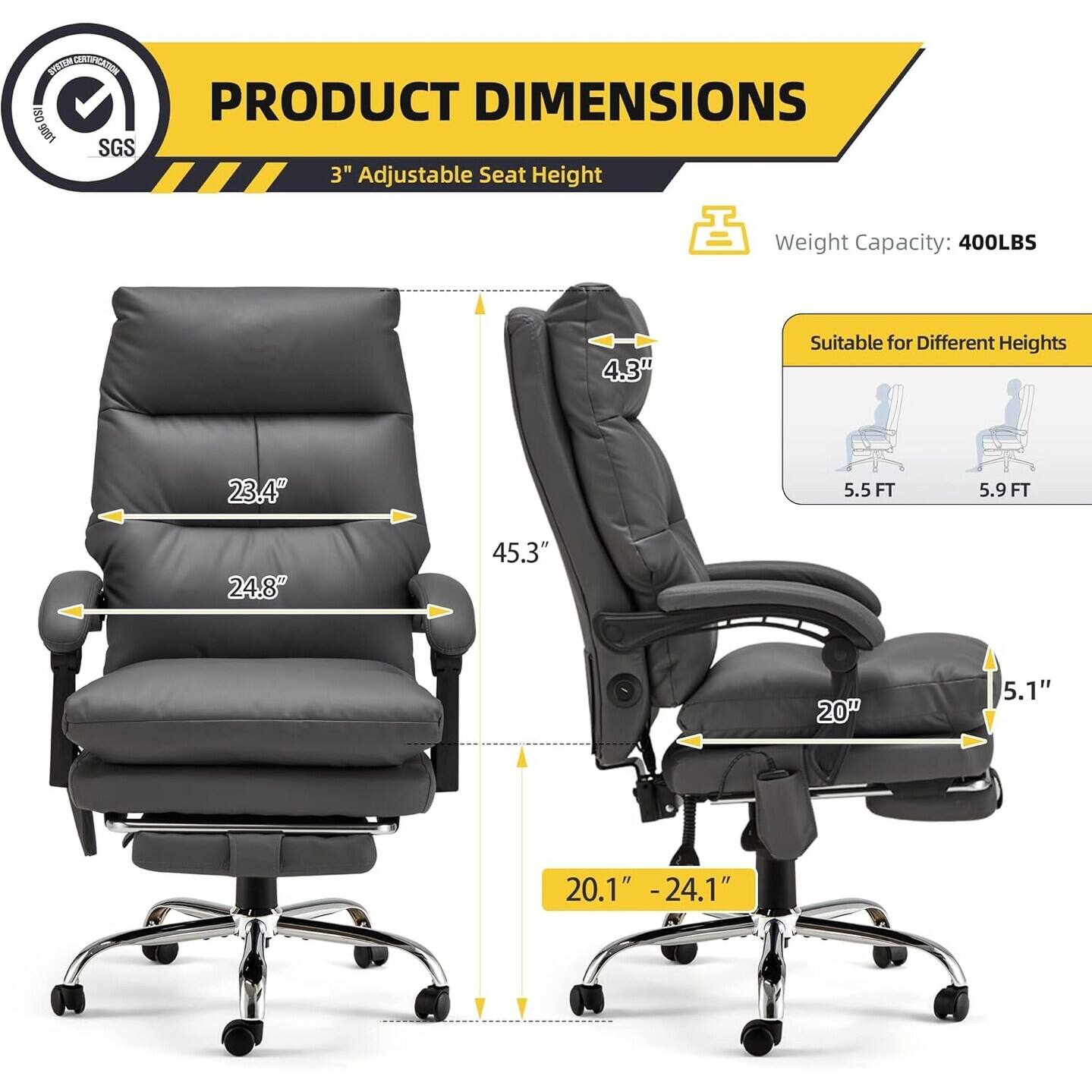 **PRODUCT DIMENSIONS**

- **3" Adjustable Seat Height**
- **Weight Capacity: 400LBS**
- **Suitable for Different Heights: 5.5 FT, 5.9 FT**

**Dimensions:**
- **Height:** 45.3"
- **Width:** 24.8"
- **Depth:** 23.4"
- **Seat Height:** 20.1" - 24.1"
- **Back Height:** 4.3"
- **Armrest Height:** 4.8"
- **Seat Depth:** 20"
- **Seat Width:** 5.1"