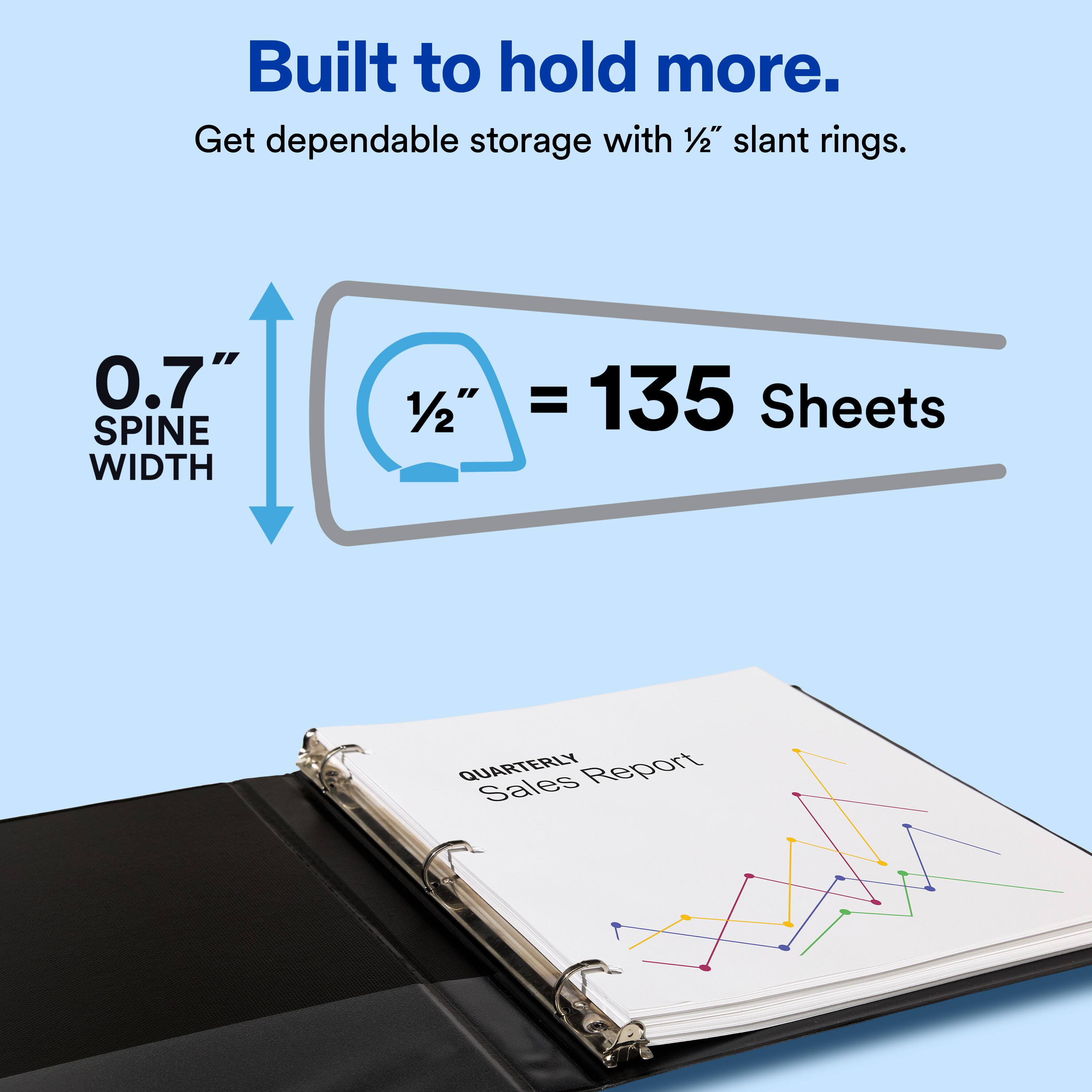 Built to hold more. Get dependable storage with 1/2" slant rings. 0.7" SPINE WIDTH 1/2" = 135 Sheets QUARTERLY Report Sales