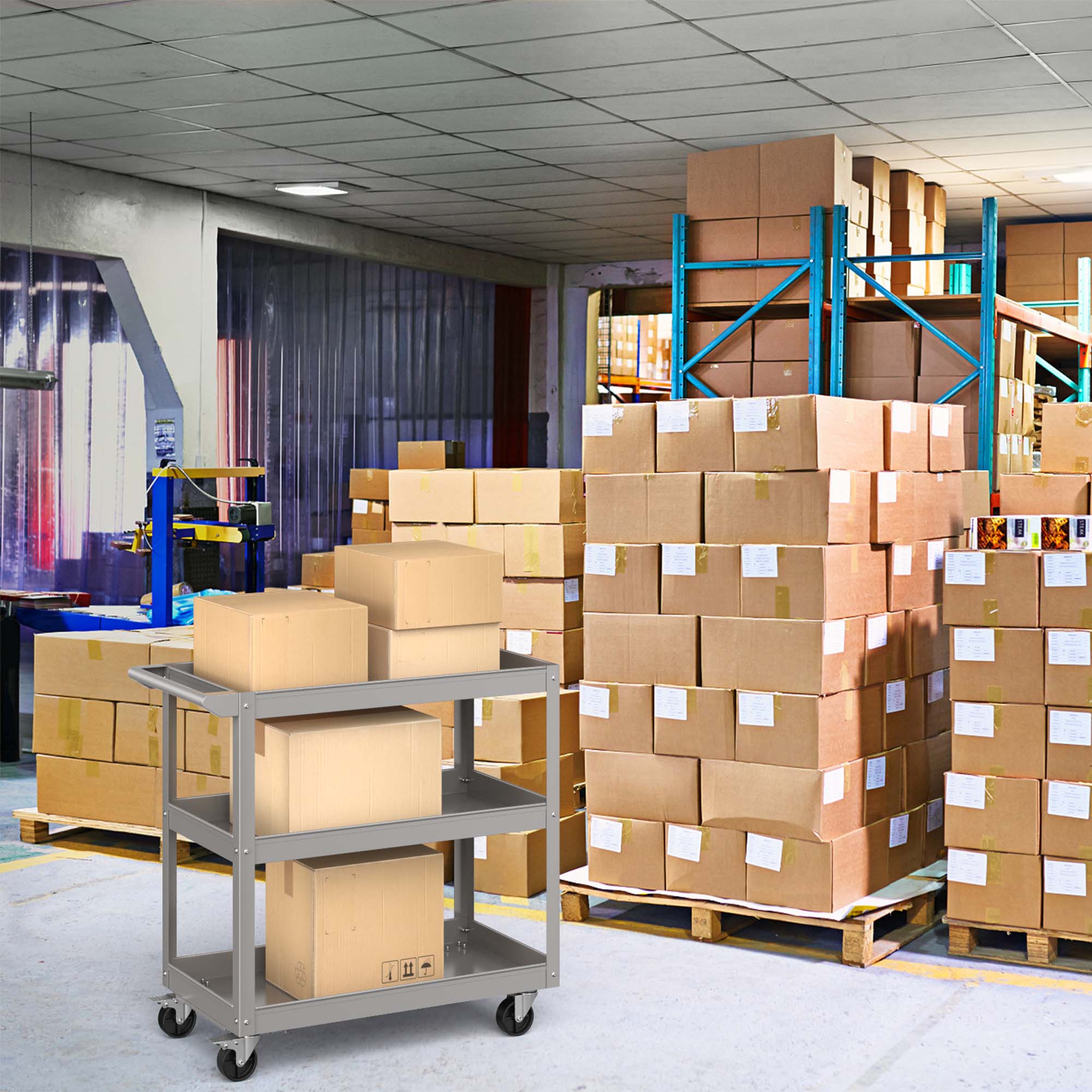 Alt View 2. Costway - Costway 3-Tier Metal Utility Cart 400 lbs Storage Service Trolley Tool Storage - Gray.