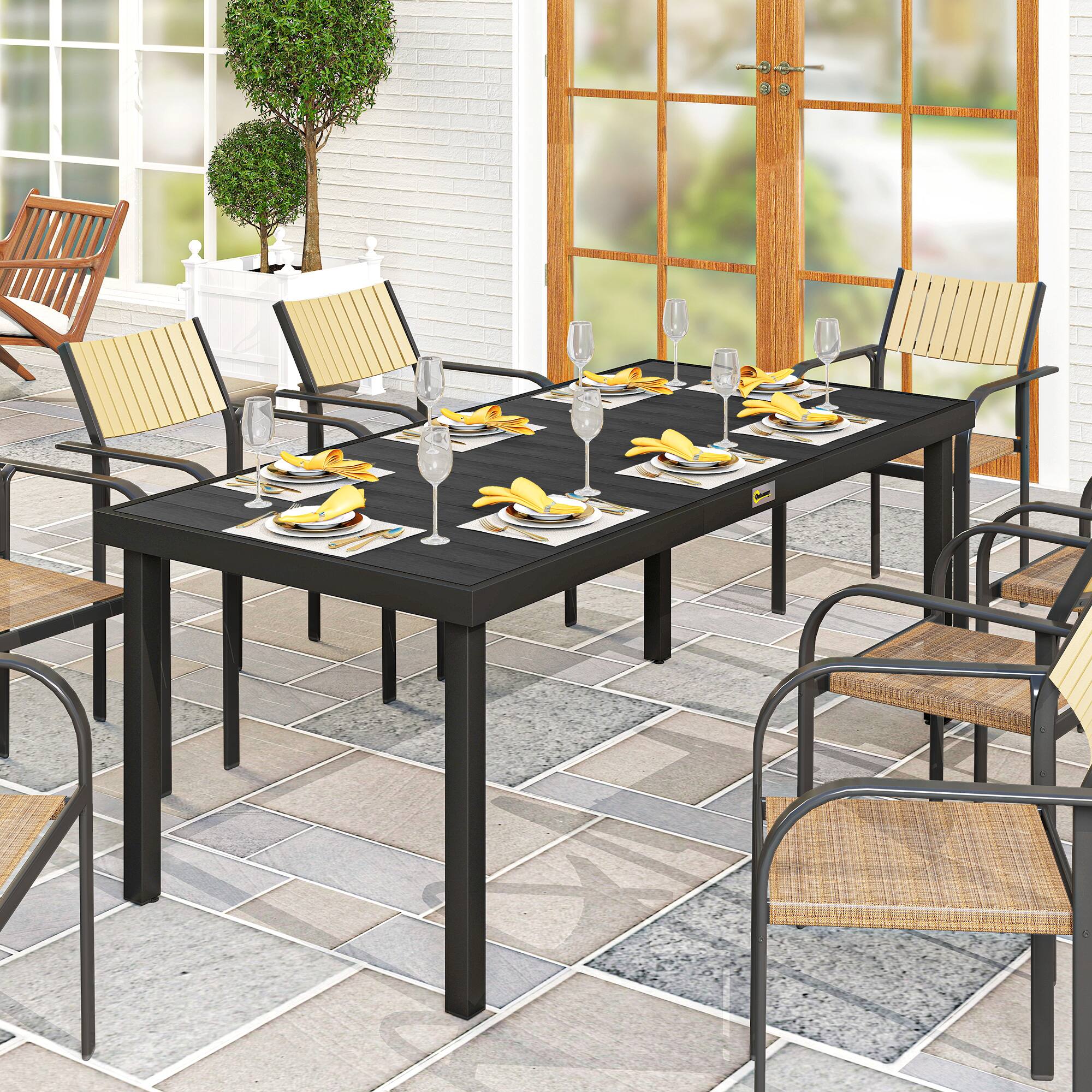 Alt View 1. Outsunny - 75" x 35" Outdoor Dining Table for 8 People, Rectangular Aluminum Frame Garden Table with All-Weather Faux Wood Top - Black.