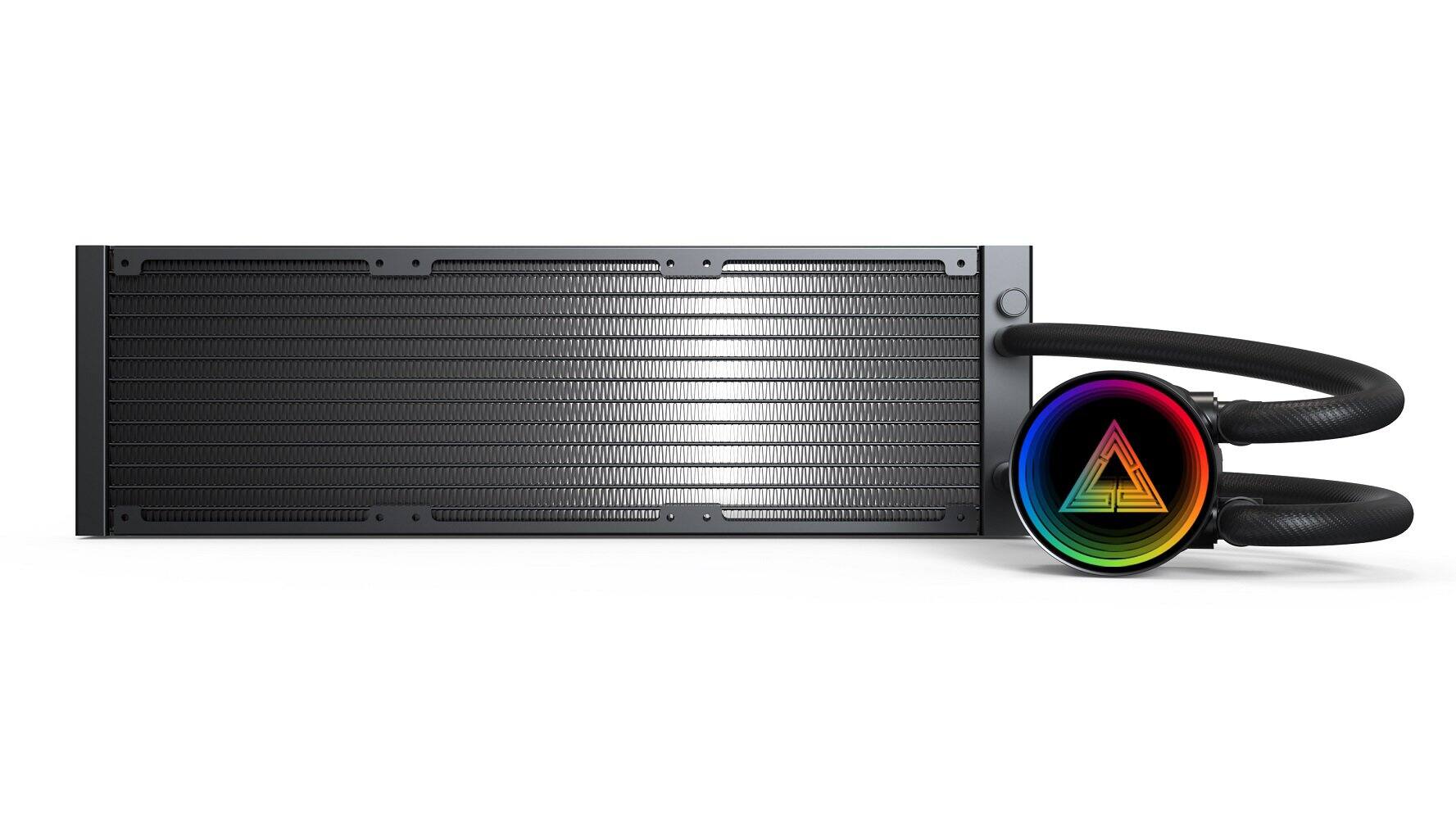 Alt View 1. Montech - LightFlow ARGB 360 CPU Liquid Cooler, 360mm AIO with Infinity Mirror Design, 3100RPM Pump, 3x120mm ARGB Fans - Black.