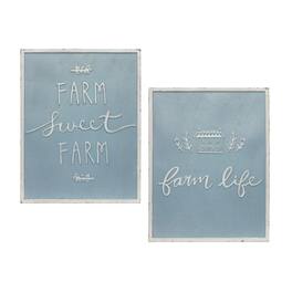 BreeBe - Metal Farm Life Sentiment Sign (Set of 2) - Blue, White